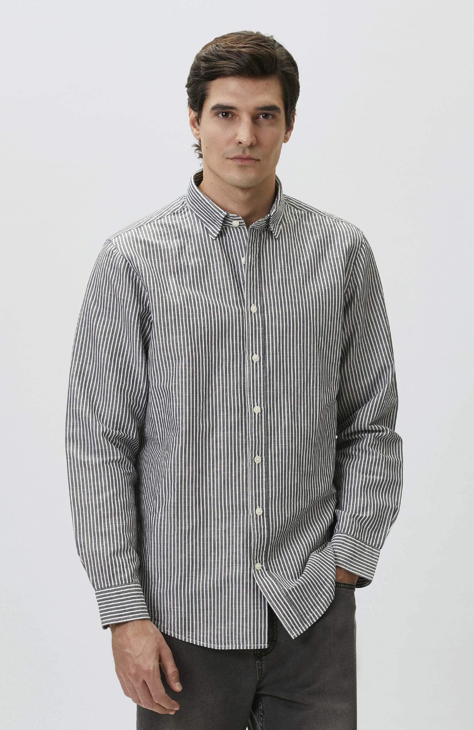 Lacivert Keten Karışımlı Gofreli Çizgili Gömlek