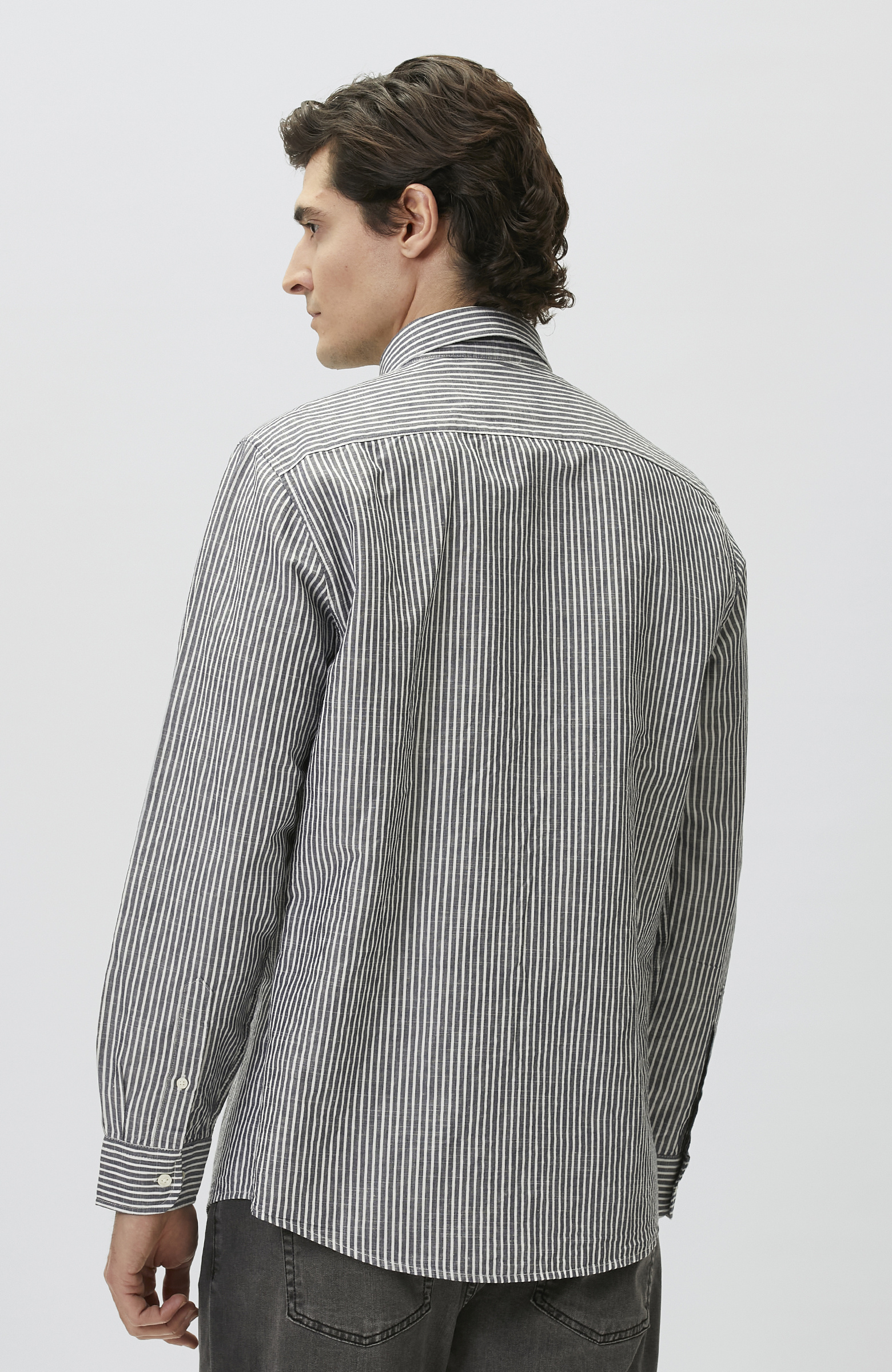 Lacivert Keten Karışımlı Gofreli Çizgili Gömlek