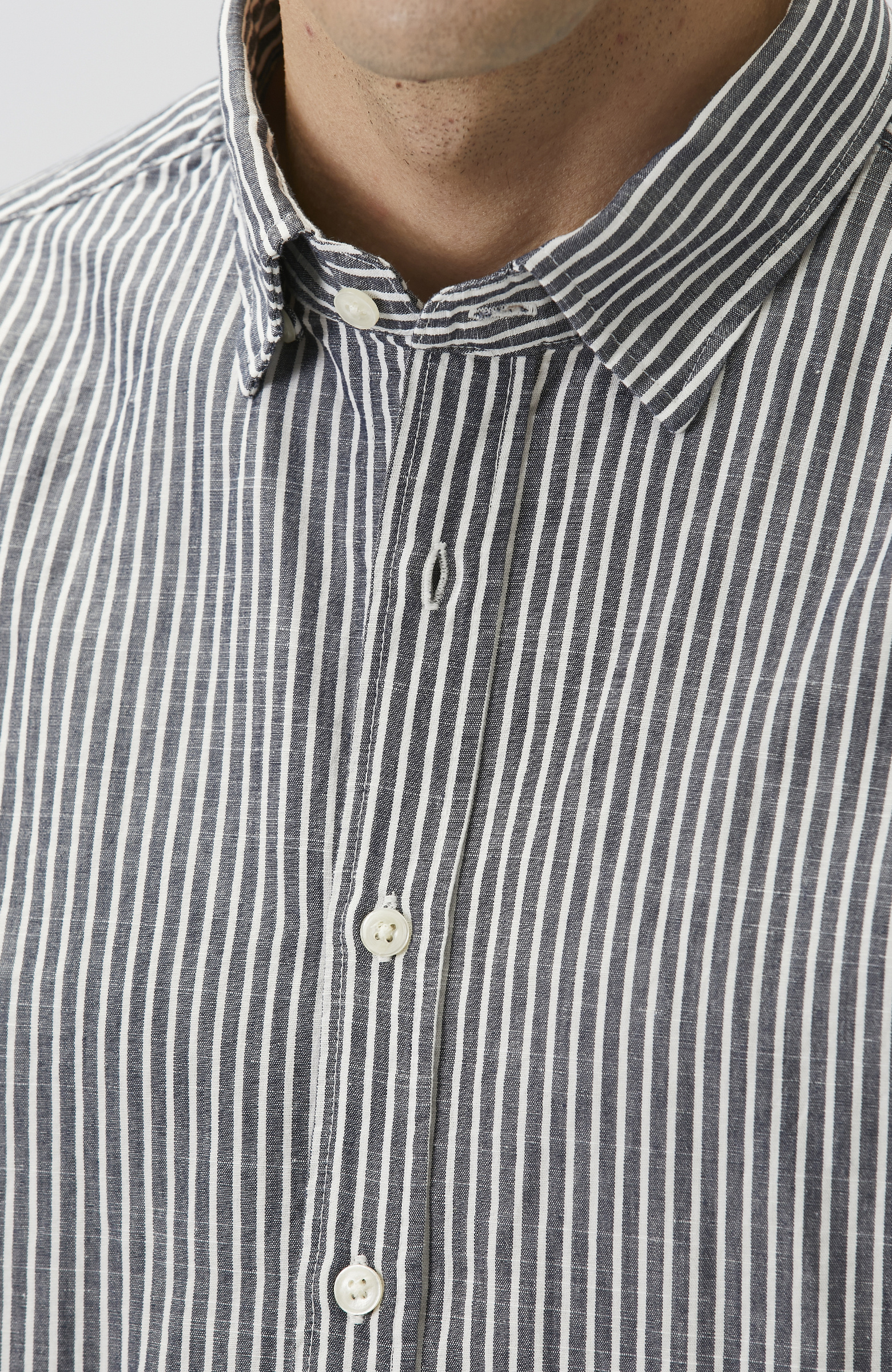 Lacivert Keten Karışımlı Gofreli Çizgili Gömlek