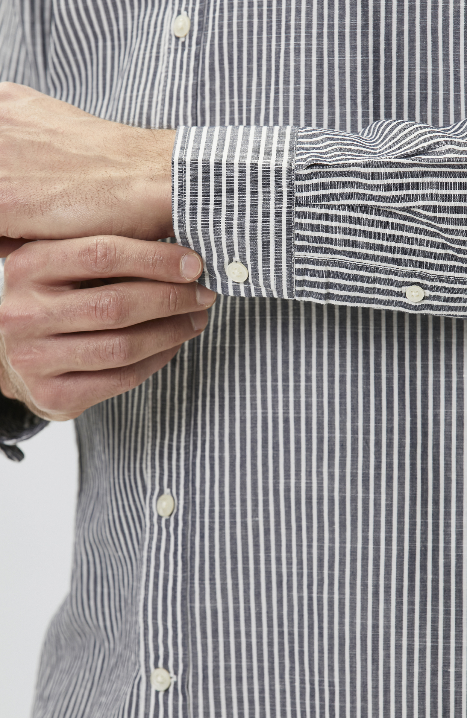 Lacivert Keten Karışımlı Gofreli Çizgili Gömlek