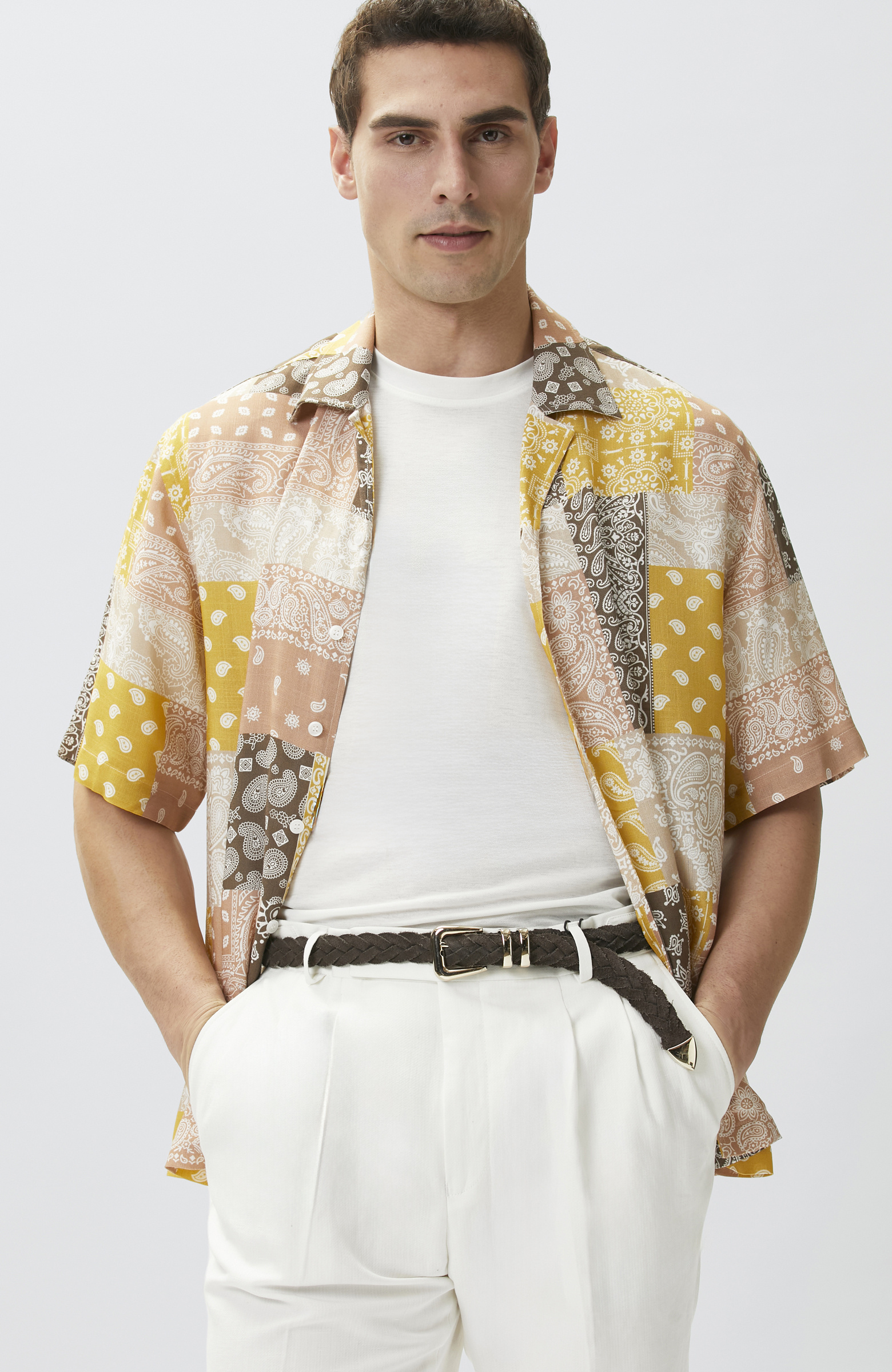 Relaxed Fit Safran Şal Desen Baskılı Gömlek