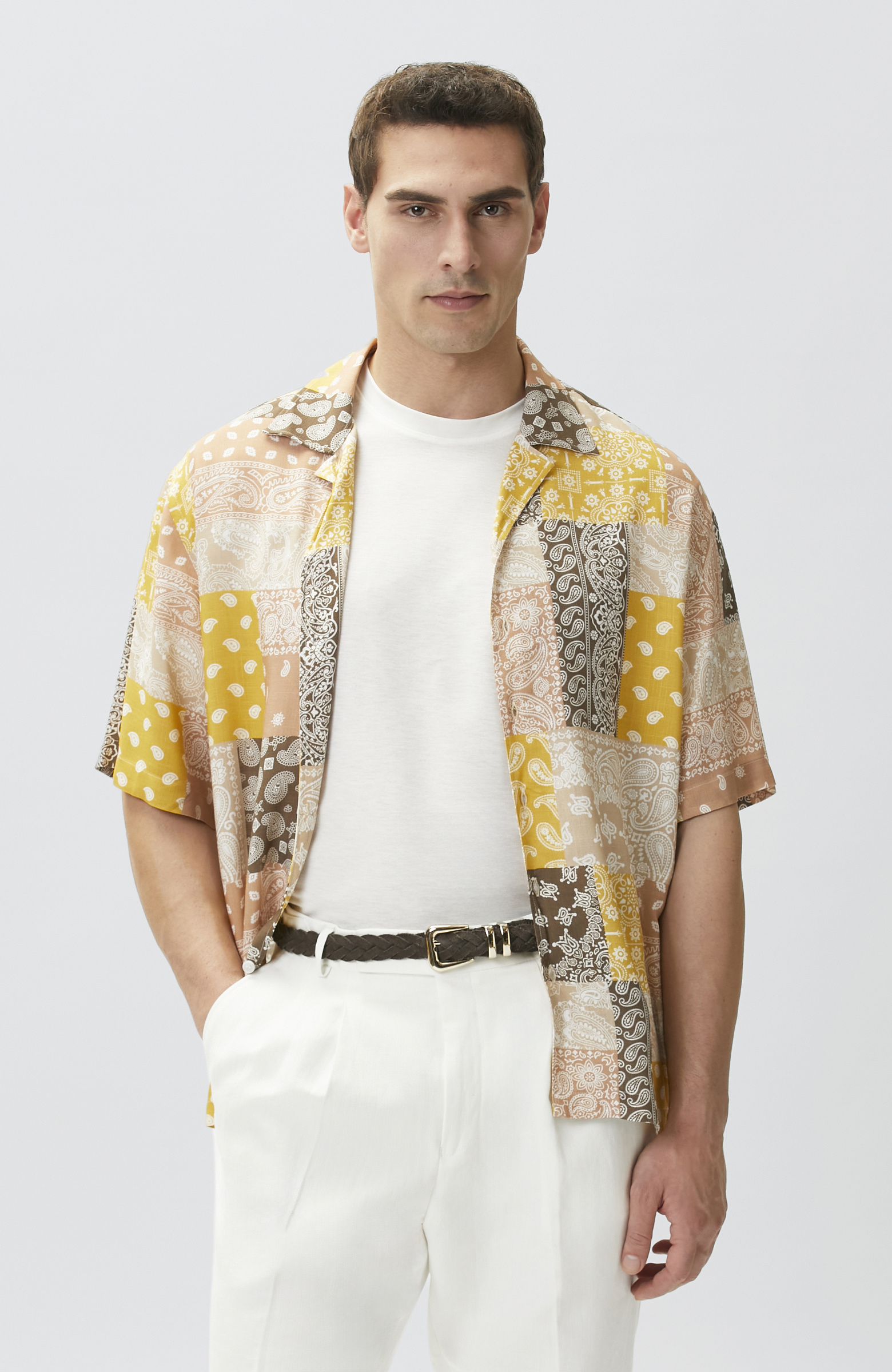 Relaxed Fit Safran Şal Desen Baskılı Gömlek