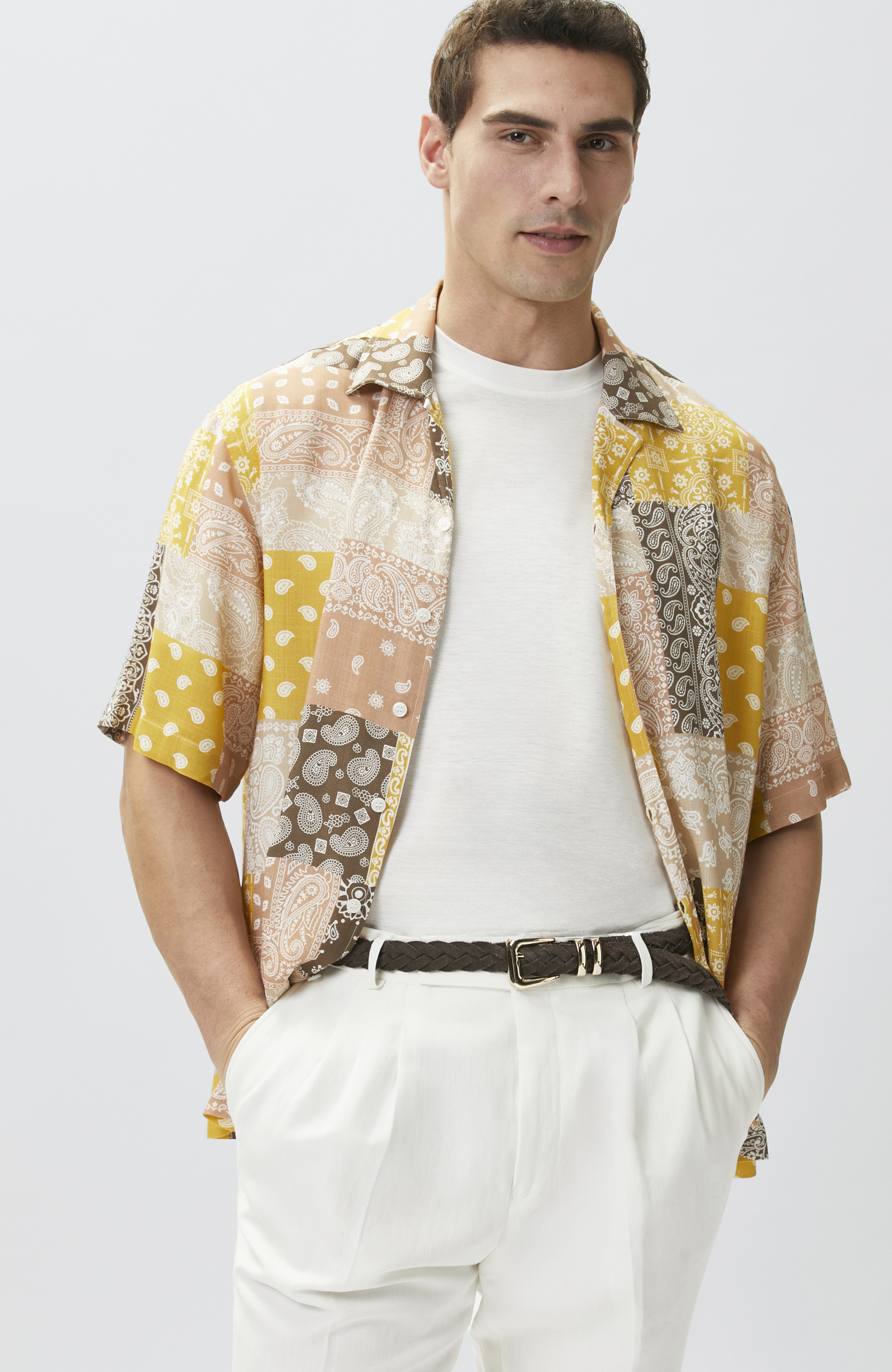 Relaxed Fit Safran Şal Desen Baskılı Gömlek