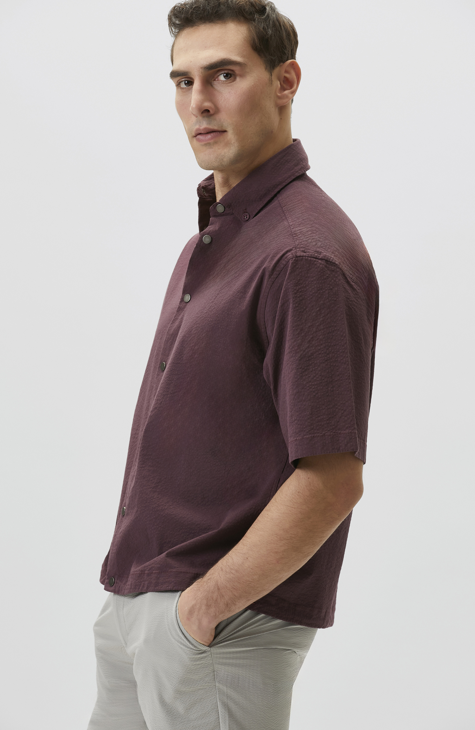 Relaxed Fit Bordo Etek Ucu Lastikli Gofreli Gömlek