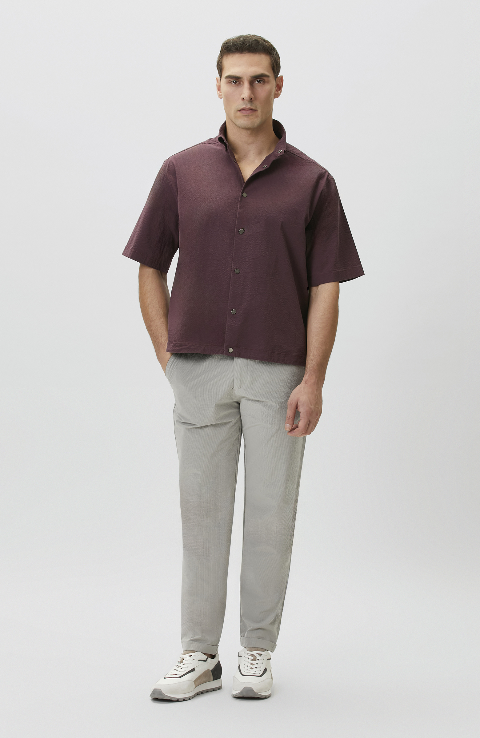 Relaxed Fit Bordo Etek Ucu Lastikli Gofreli Gömlek