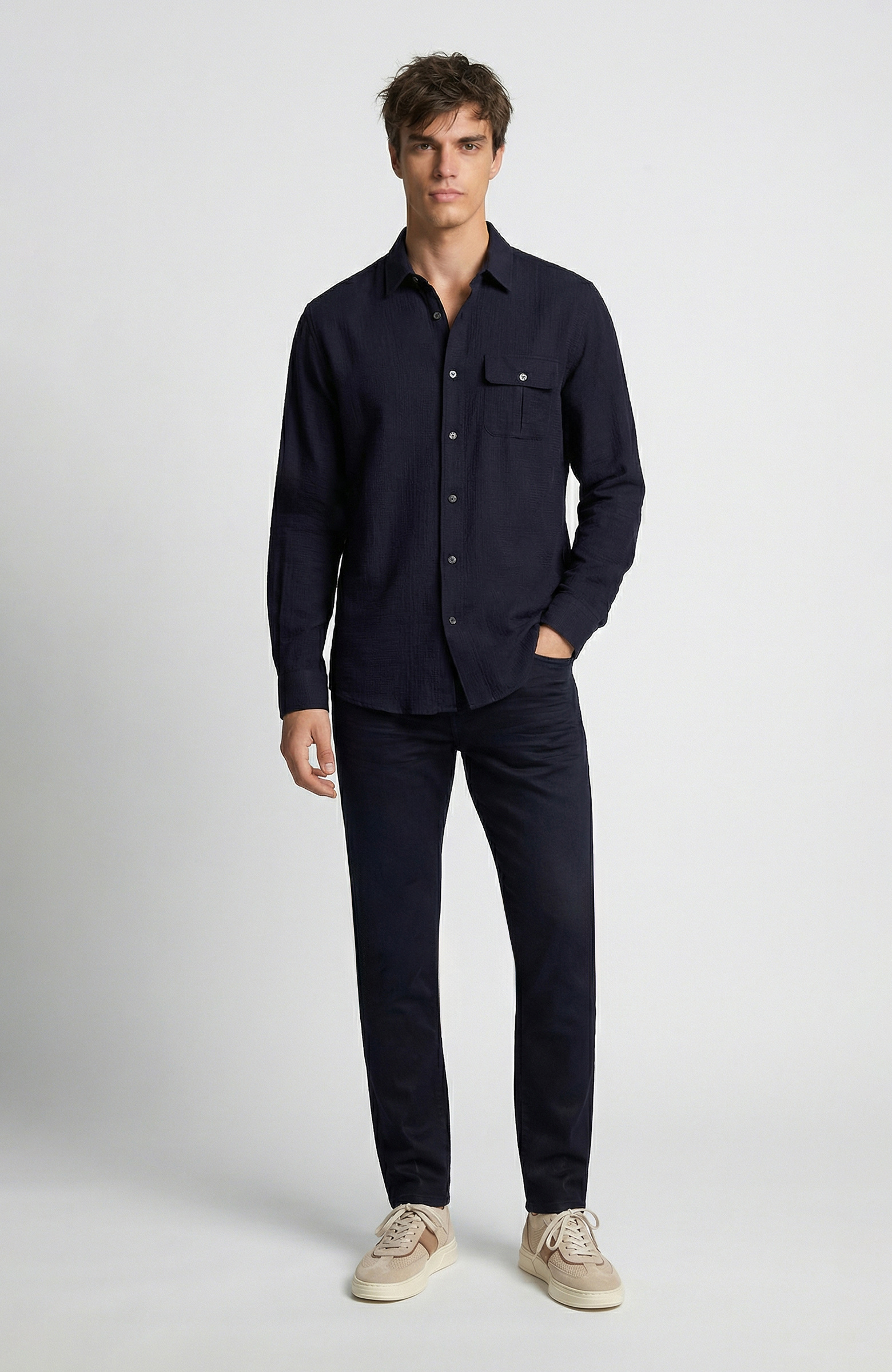 Comfort Fit Navy Blue Jacquard Shirt