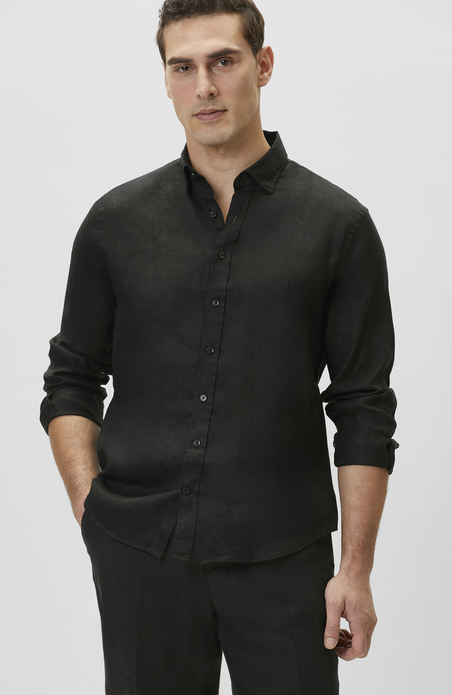 Comfort Fit Siyah Keten Gömlek