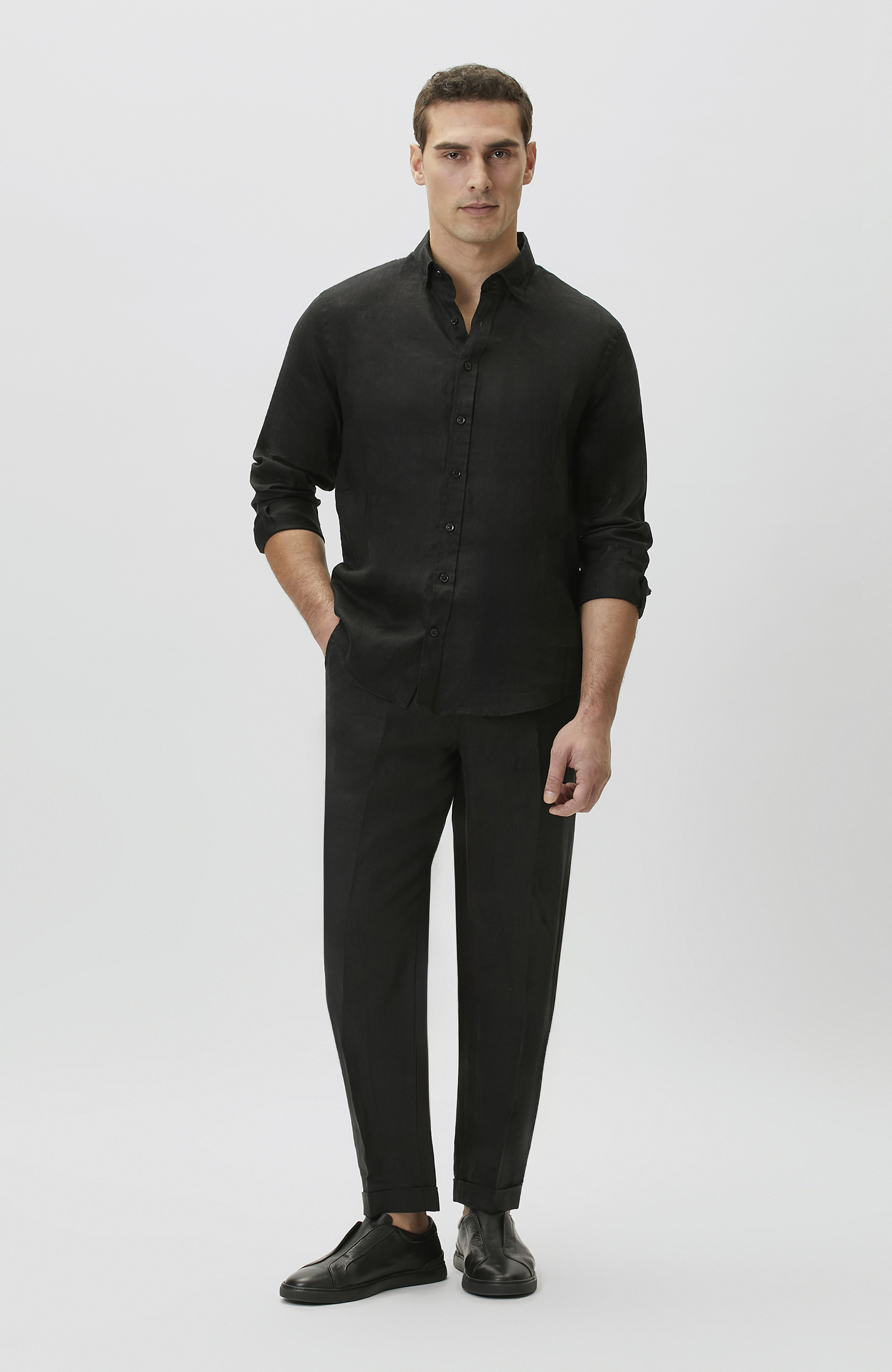 Comfort Fit Siyah Keten Gömlek