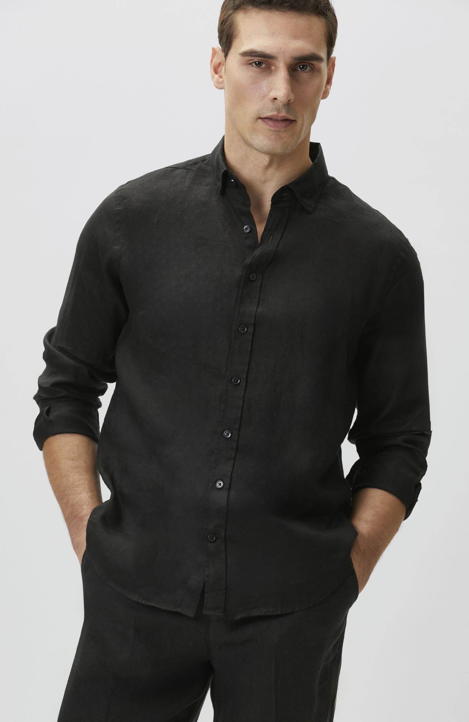 Comfort Fit Siyah Keten Gömlek