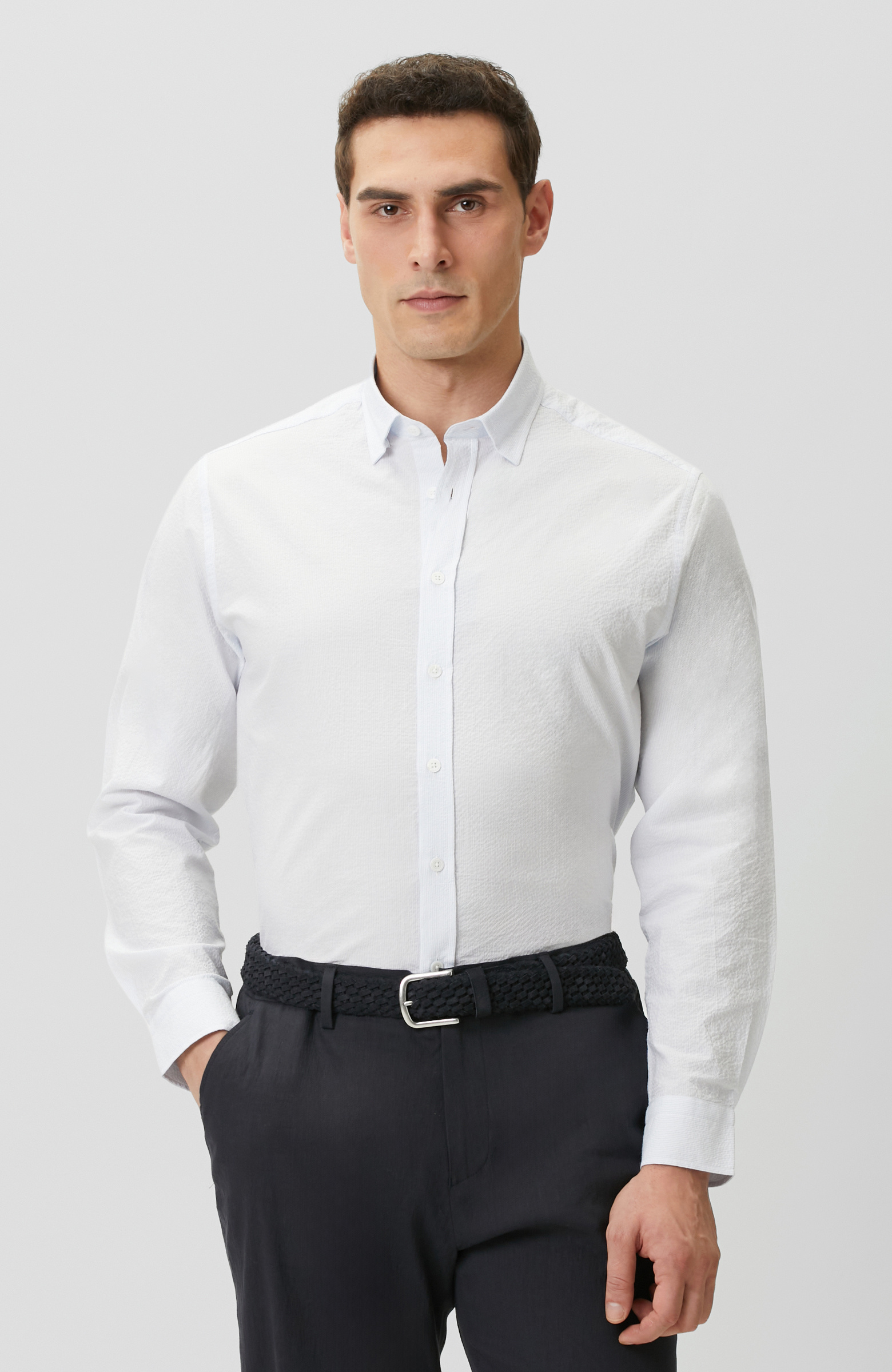 Mavi Beyaz Çizgili Gofreli Comfort Gömlek