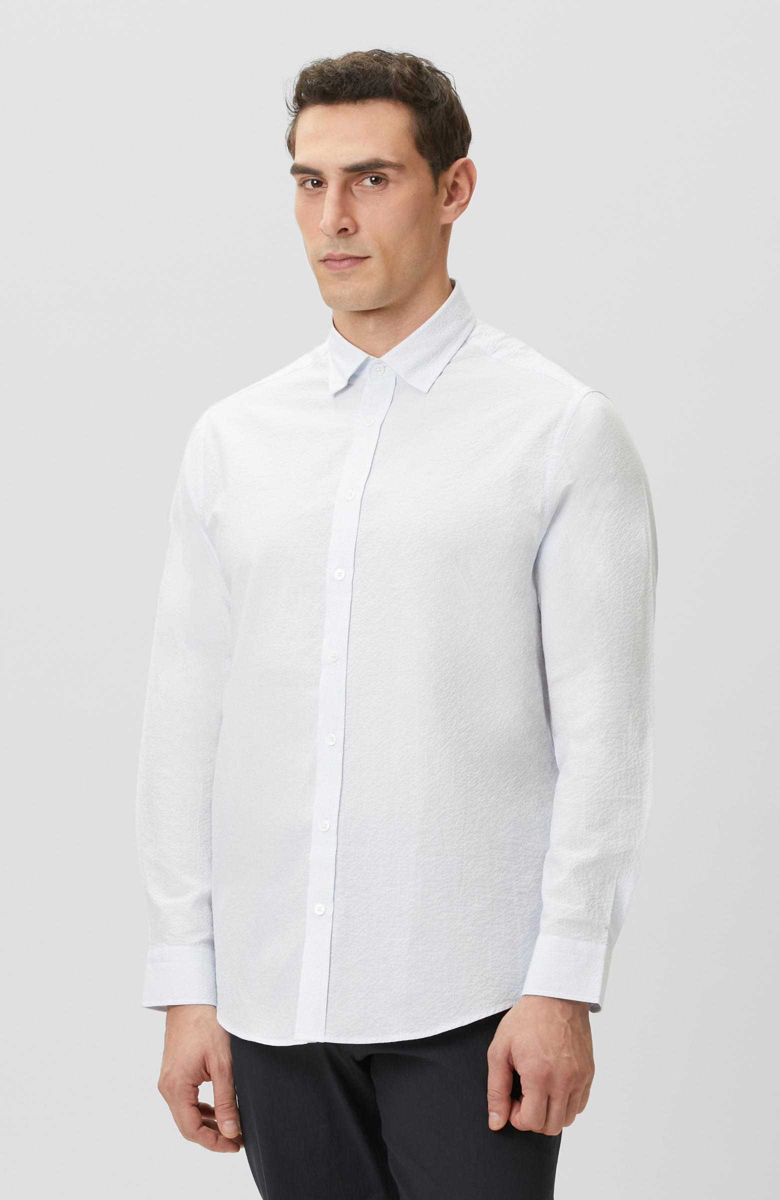 Mavi Beyaz Çizgili Gofreli Comfort Gömlek