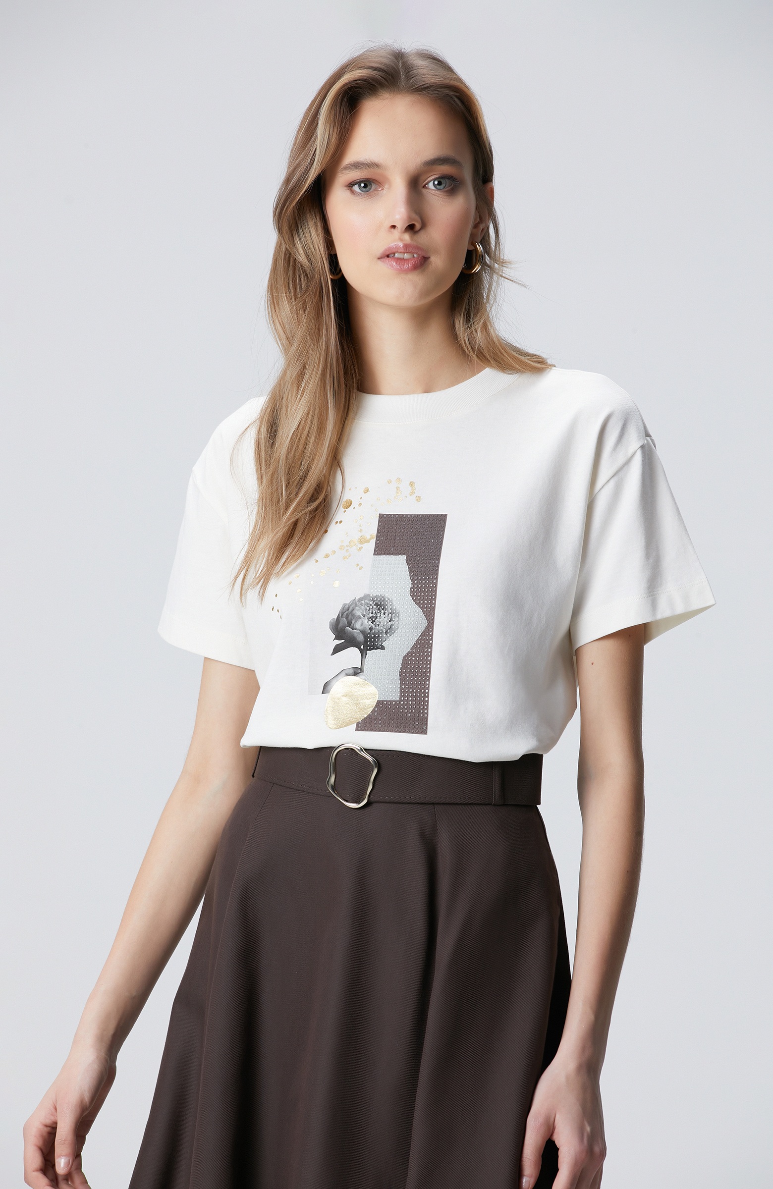 Kırık Beyaz Baskılı T-shirt