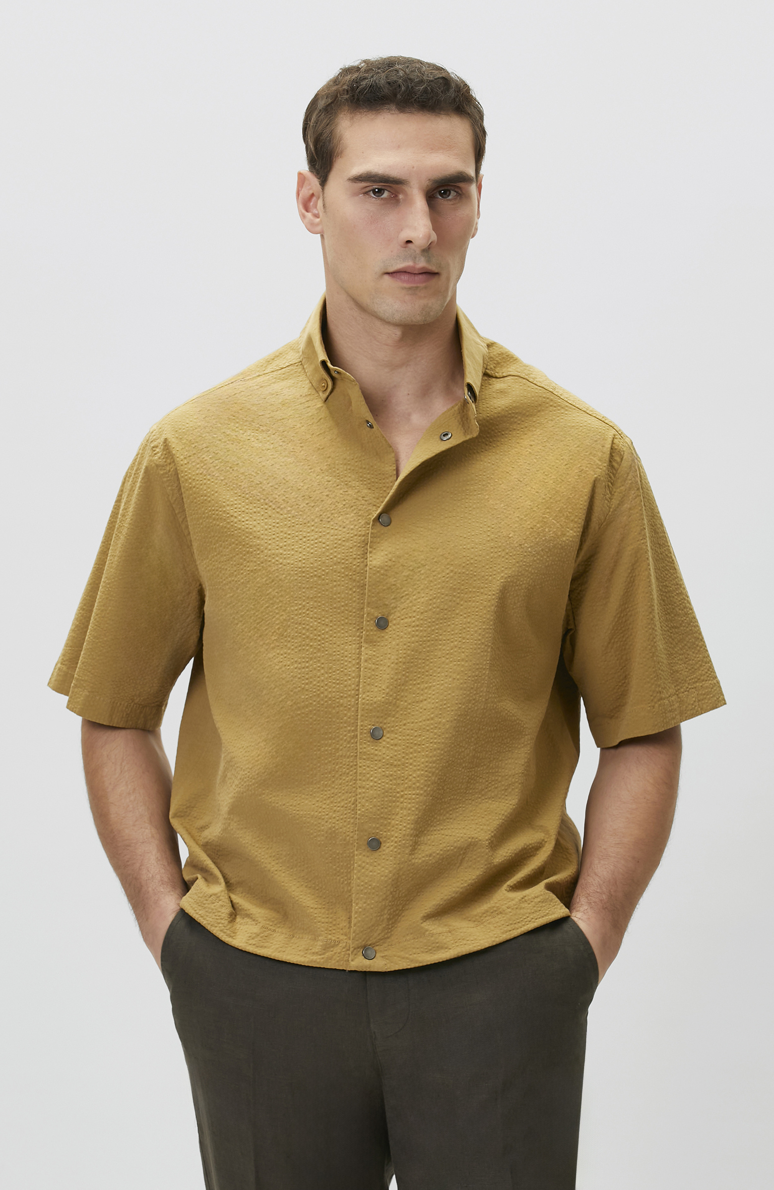 Relaxed Fit Yağ Yeşili Gofreli Gömlek