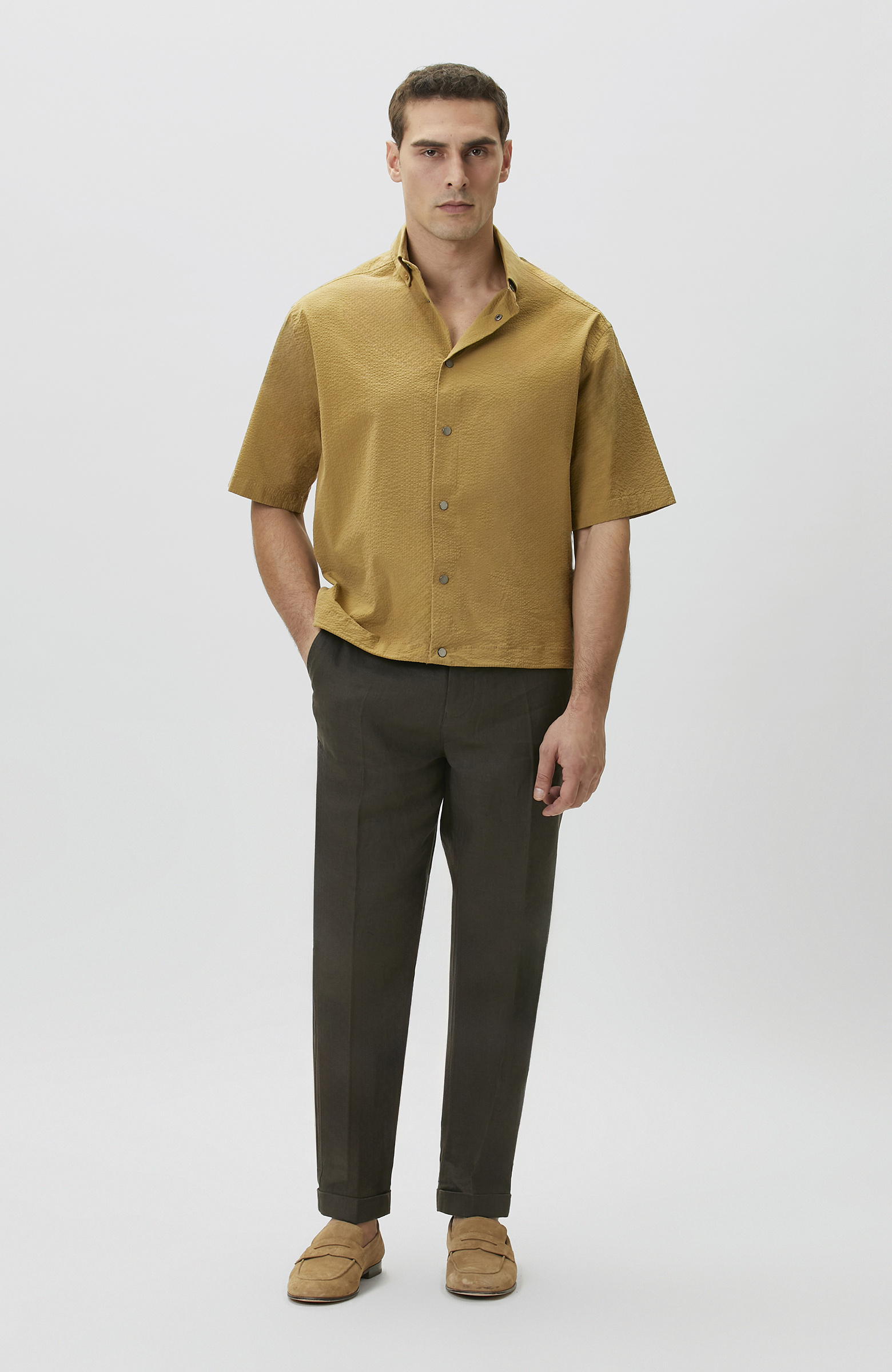 Relaxed Fit Yağ Yeşili Gofreli Gömlek