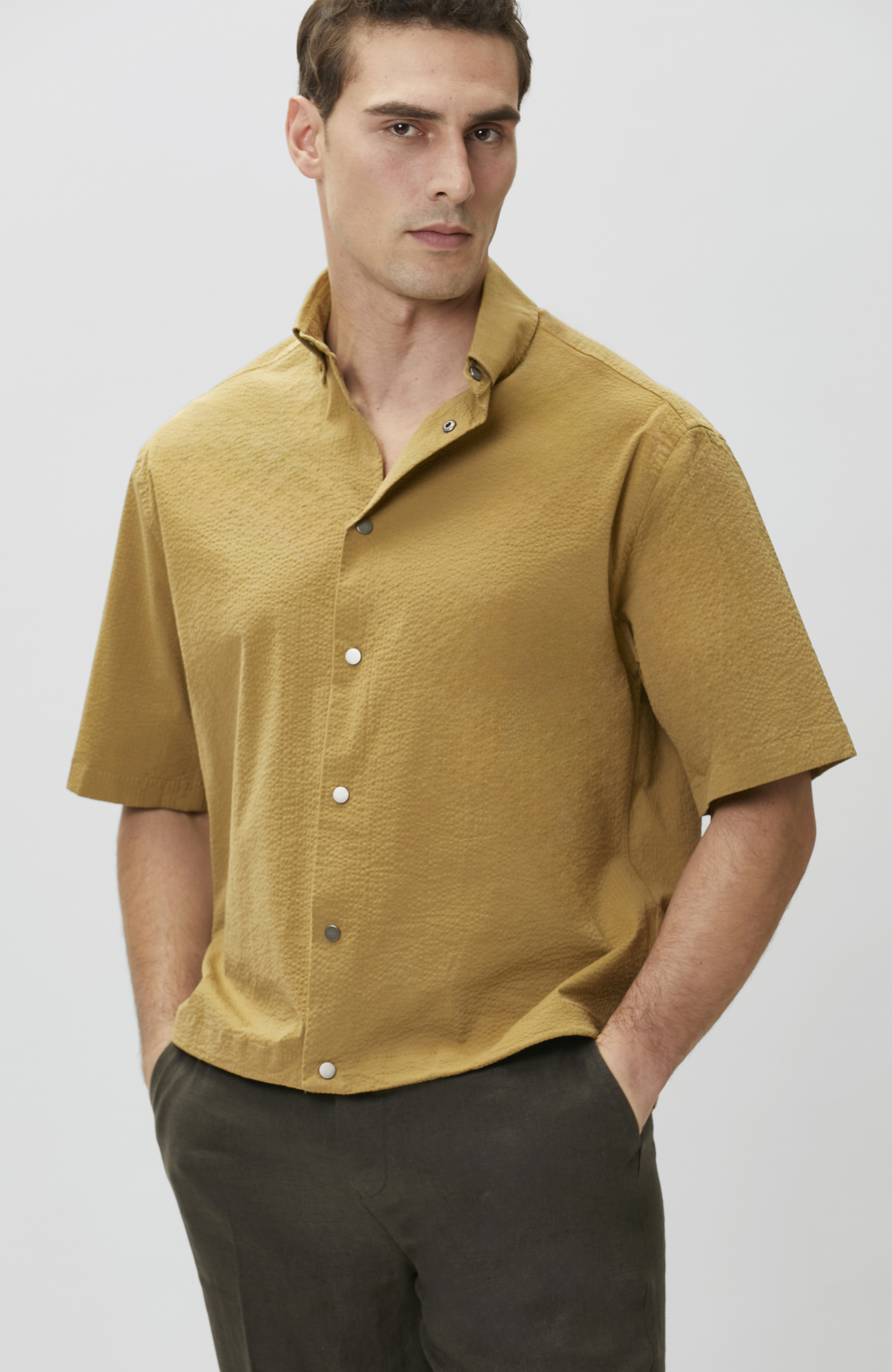 Relaxed Fit Yağ Yeşili Gofreli Gömlek