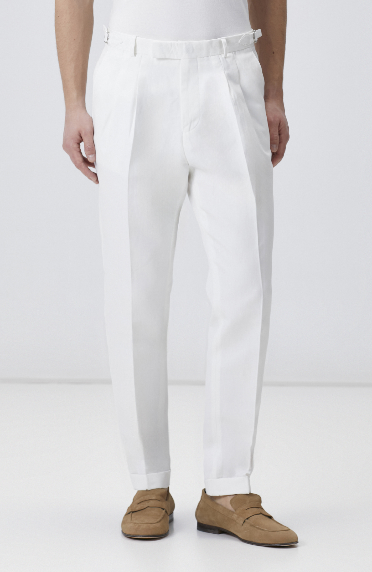 Kırık Beyaz Çift Pilili Keten Karışımlı Pantolon