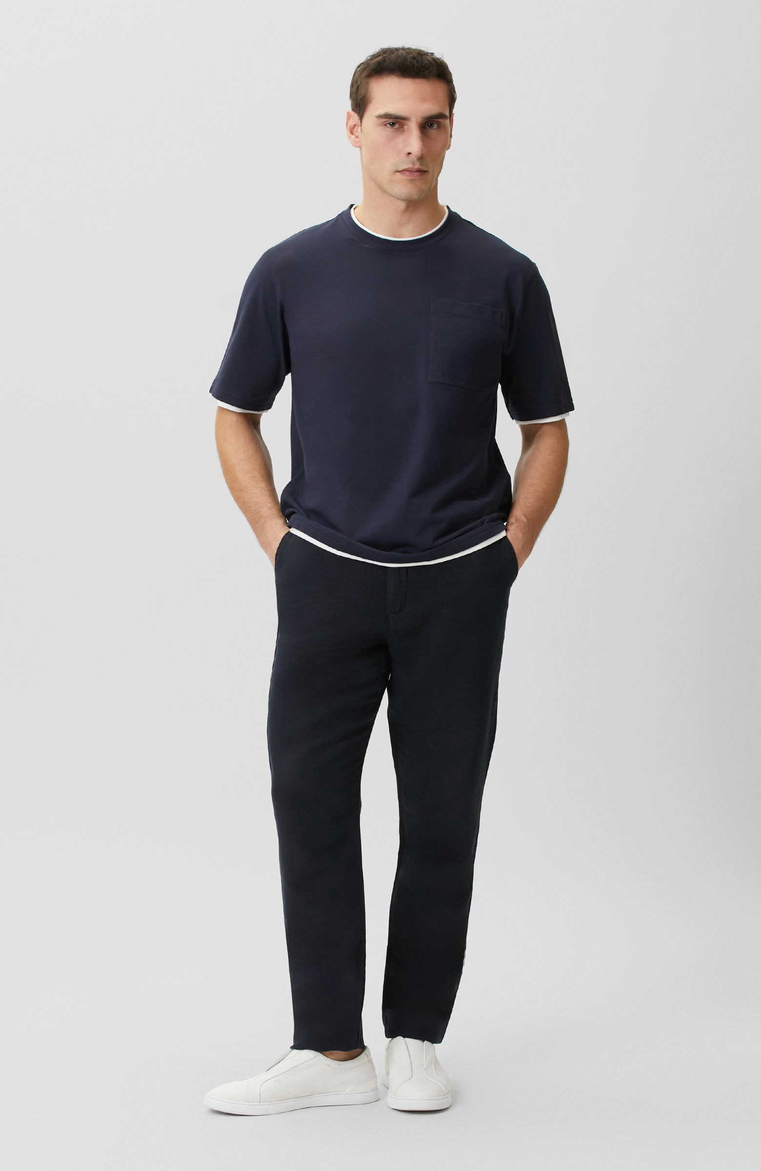 Lacivert Dokuma Pamuk Keten Armür Desen Pantolon