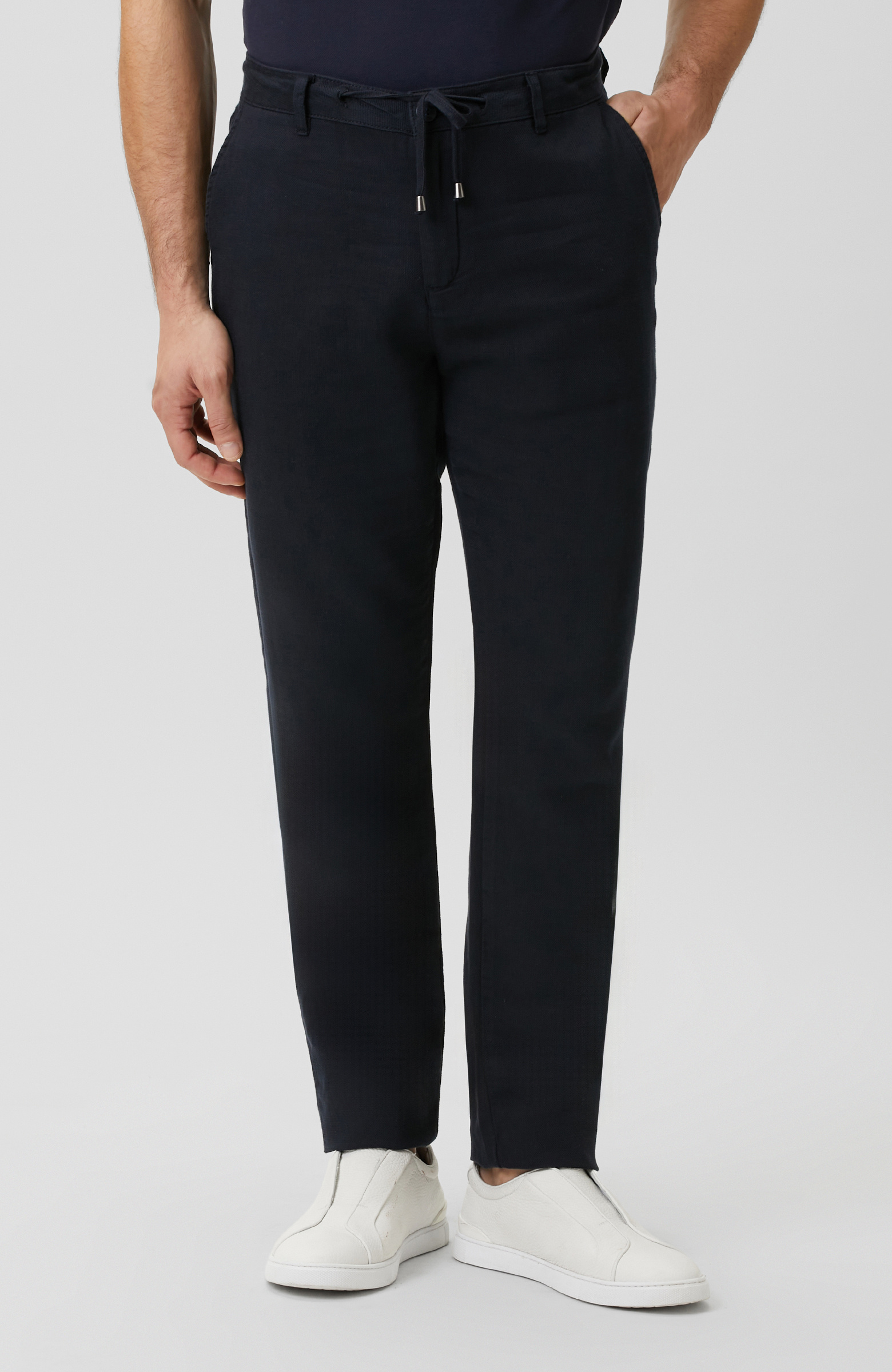 Lacivert Dokuma Pamuk Keten Armür Desen Pantolon