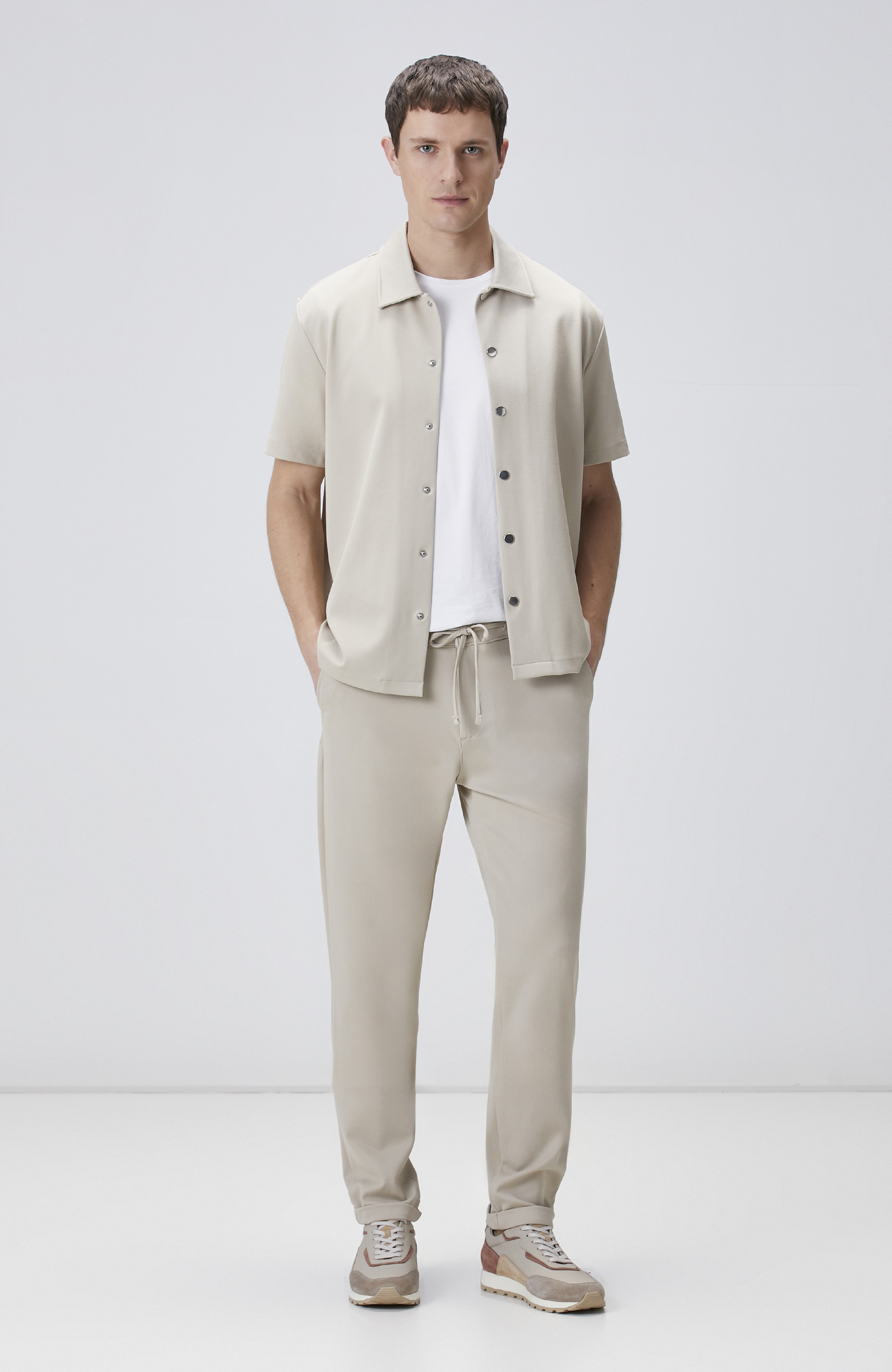 Bej Duble Paça Diyagonal Örme Jogger Pantolon