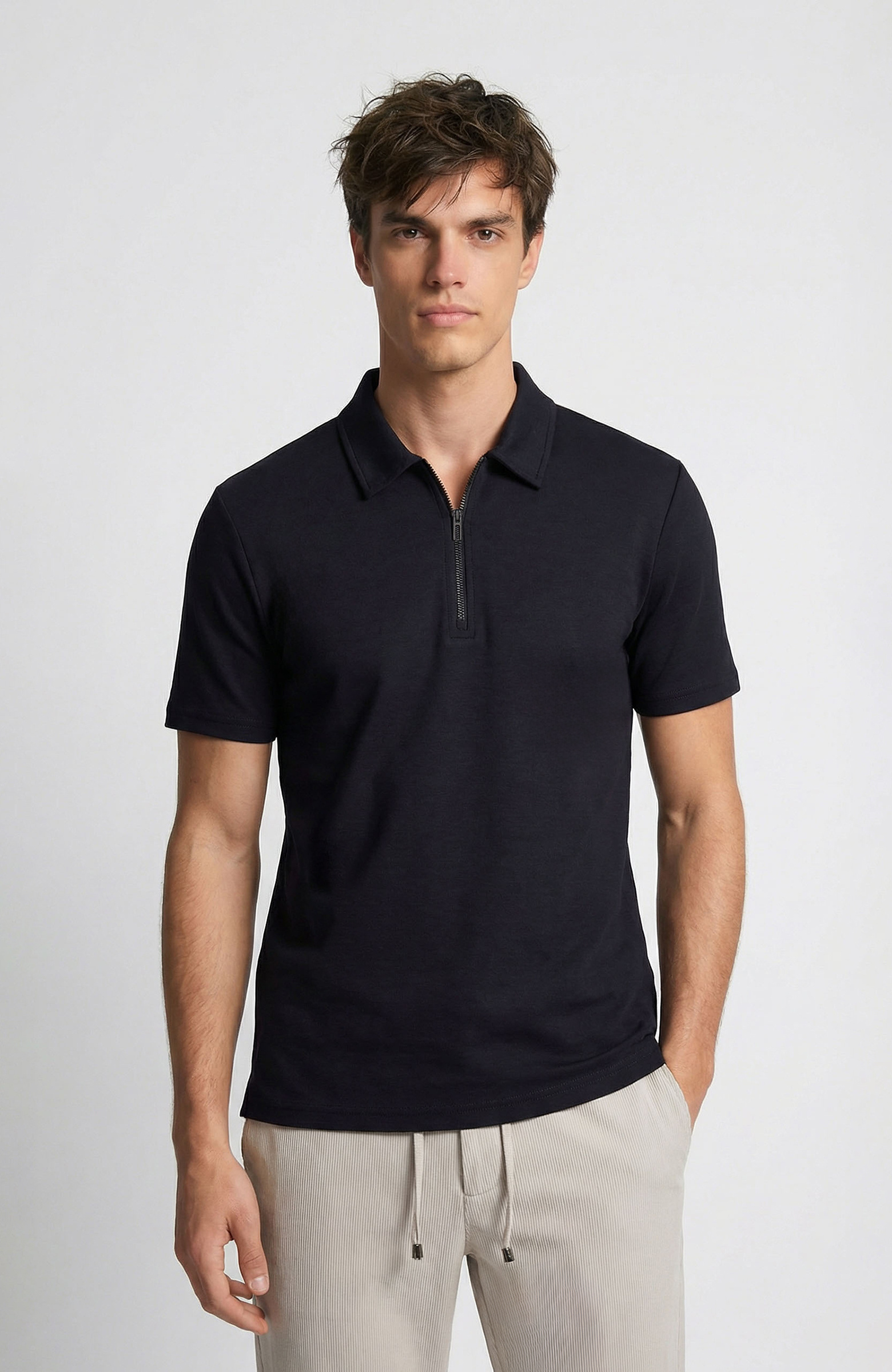 Navy Blue Polo Collar Zippered Sweatshirt