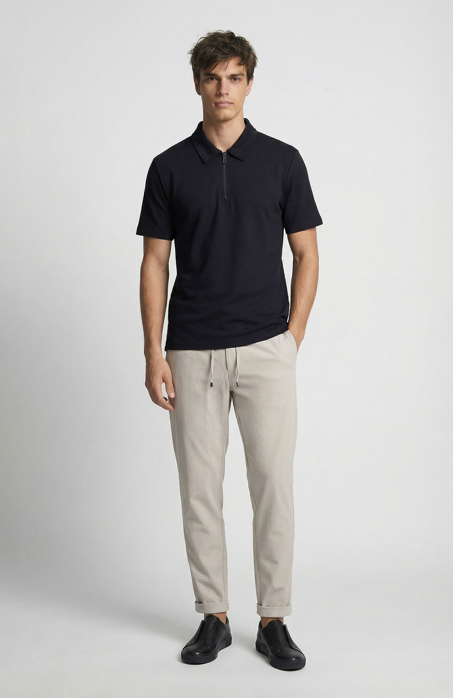 Navy Blue Polo Collar Zippered Sweatshirt