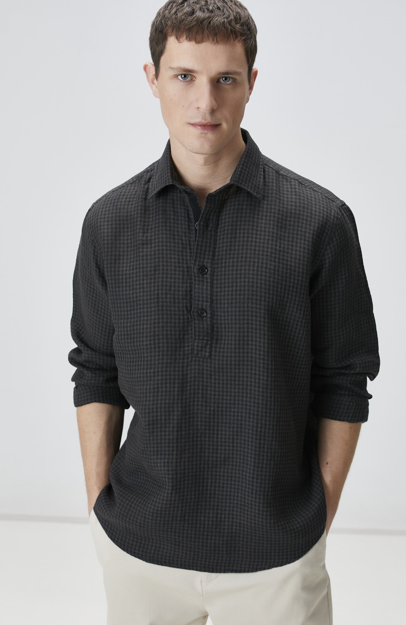 Siyah Antrasit Pötikareli Keten Gömlek