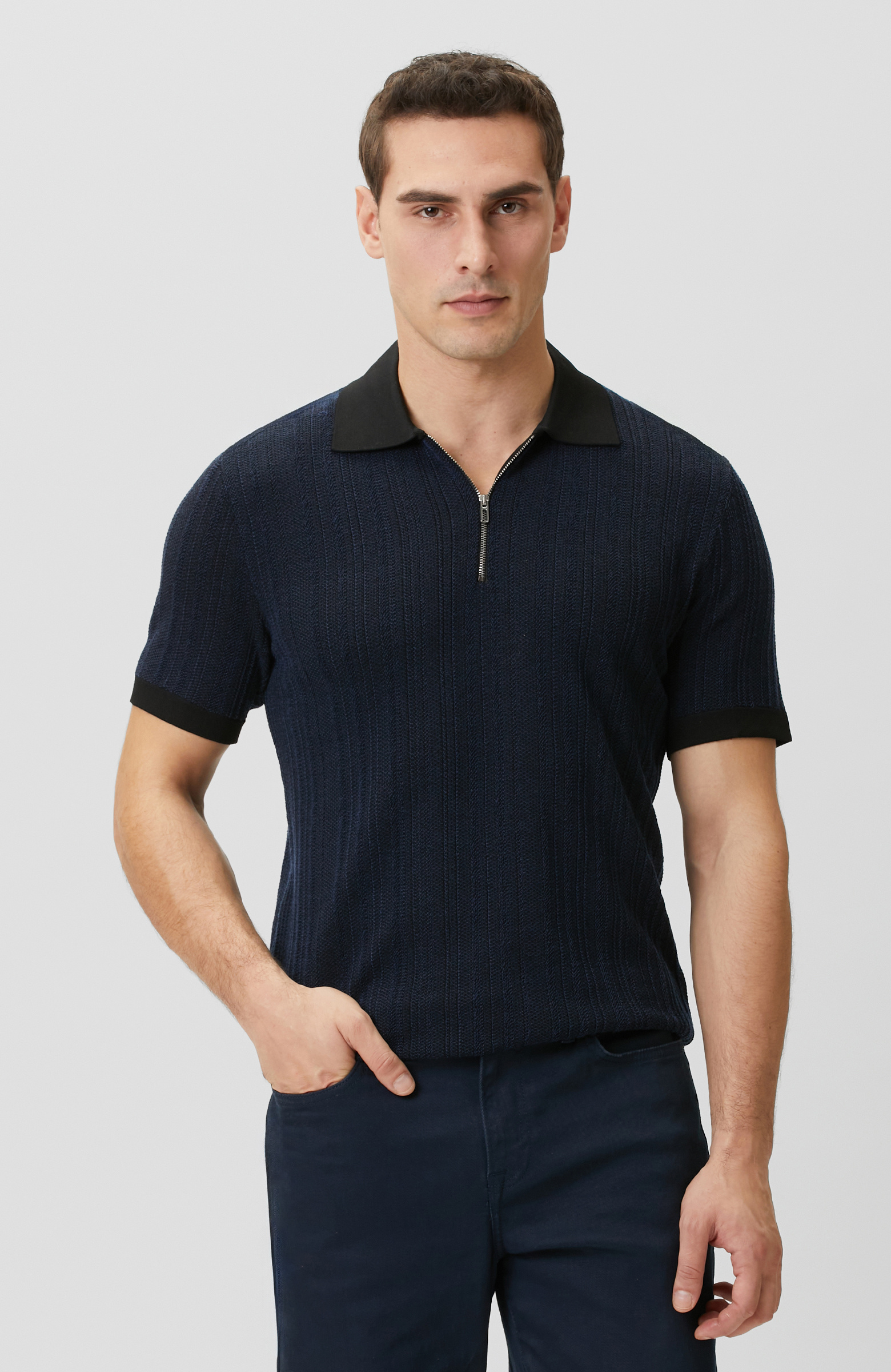 N-Tech Lacivert Polo Yaka Fermuarlı Triko Kazak