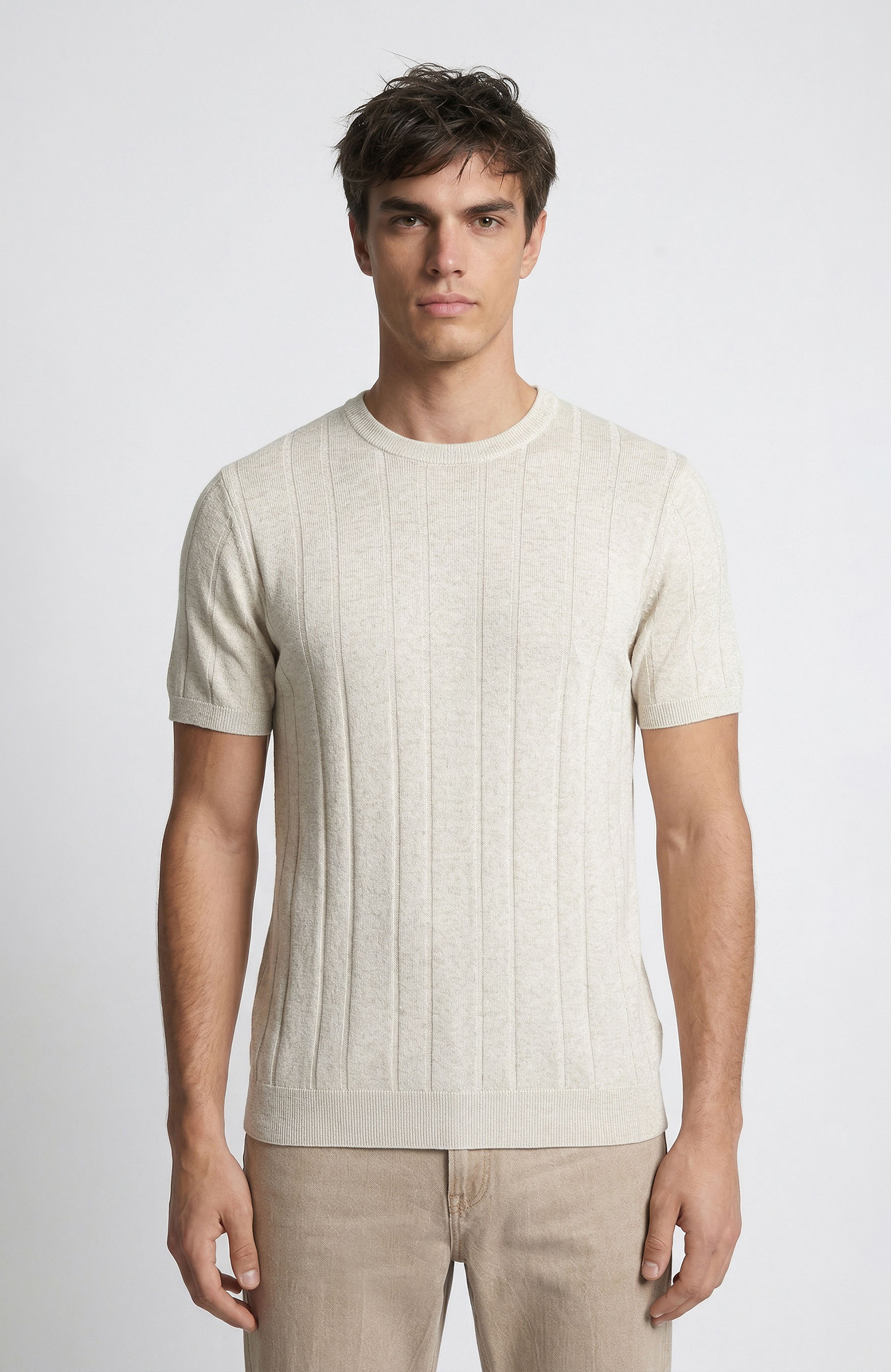 Naturel Çizgi Desenli Keten Karışımlı Triko Kazak