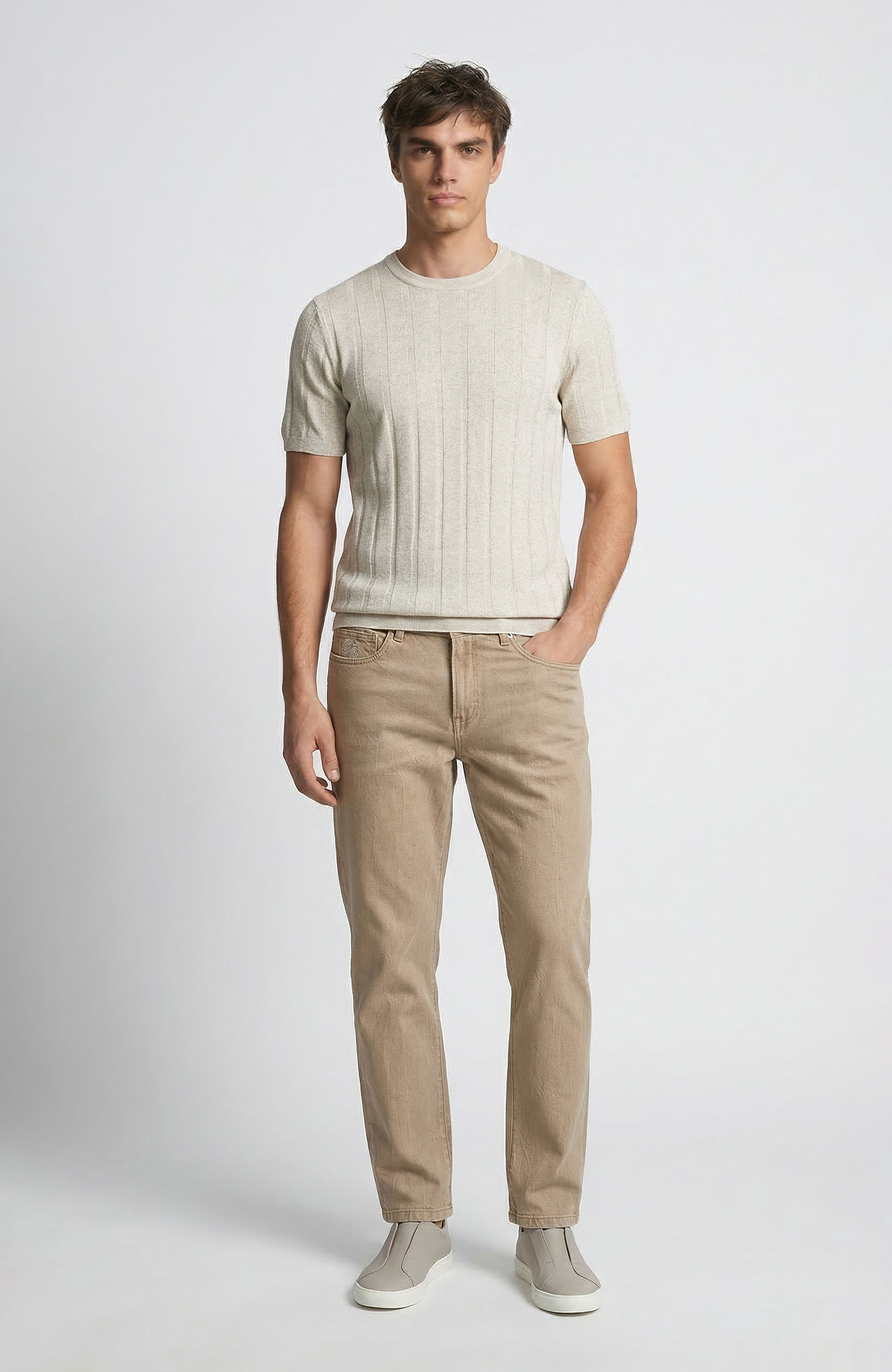 Naturel Çizgi Desenli Keten Karışımlı Triko Kazak