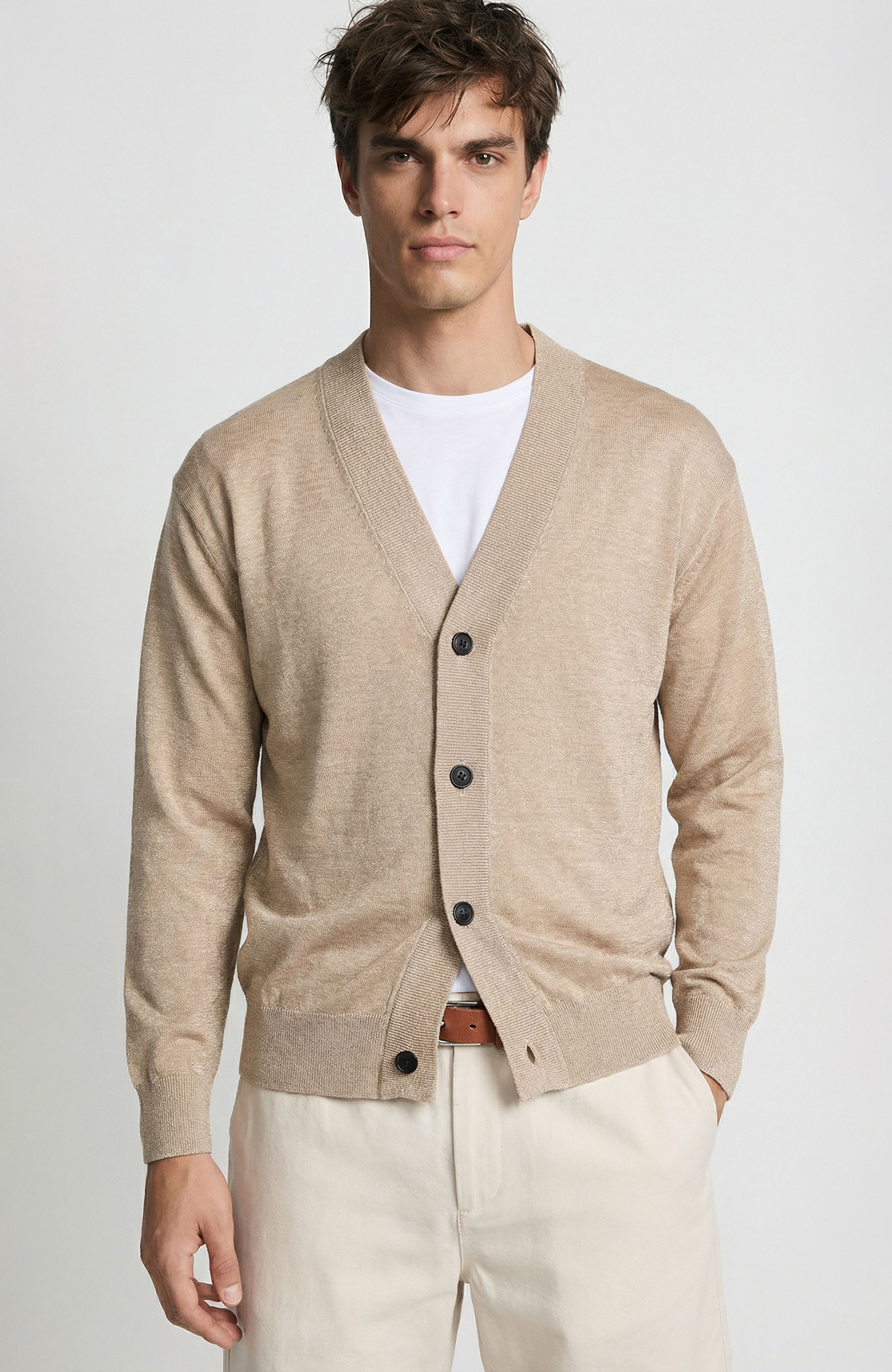 Bej Keten Karışımlı Triko Hırka