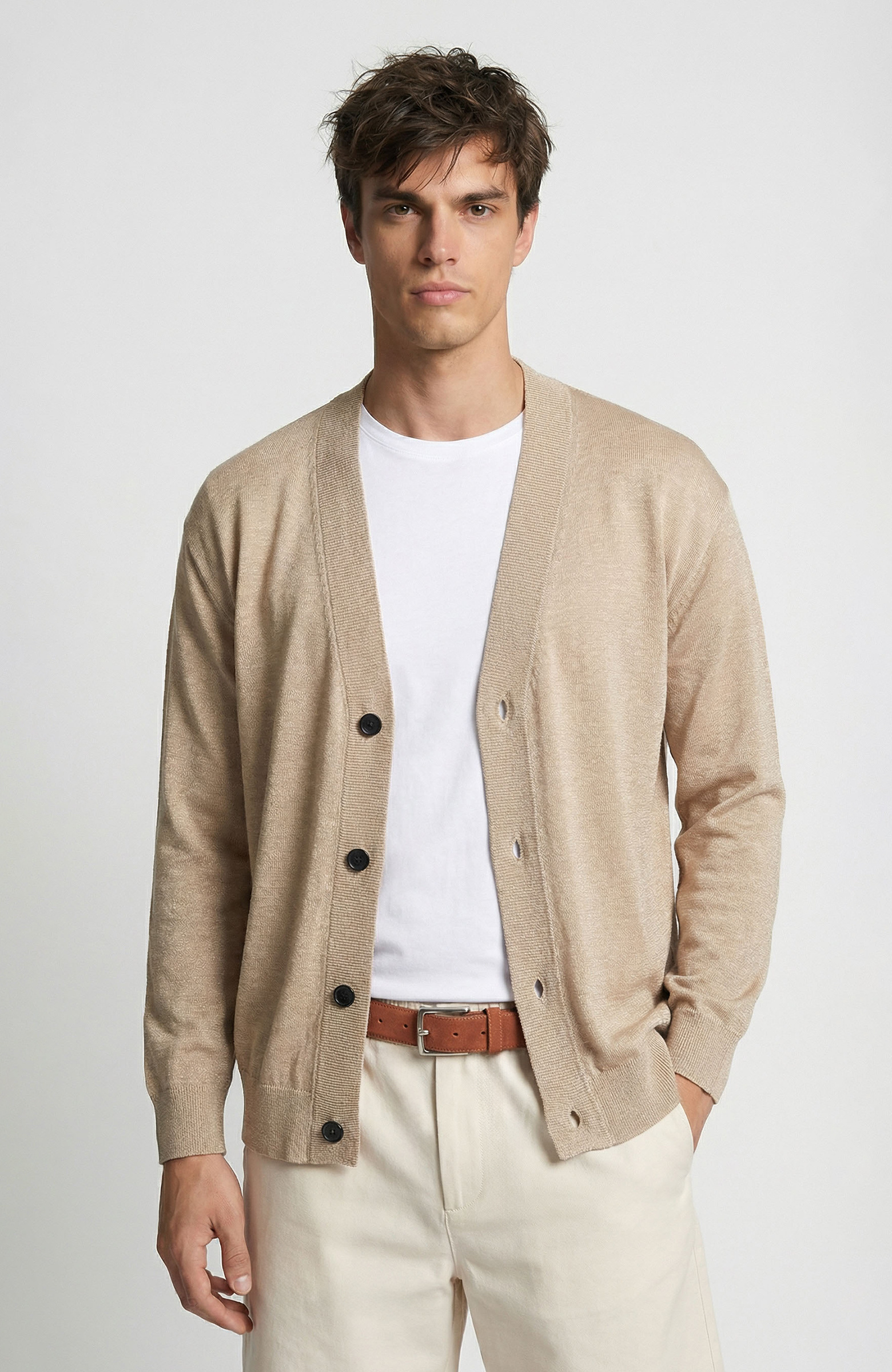 Bej Keten Karışımlı Triko Hırka