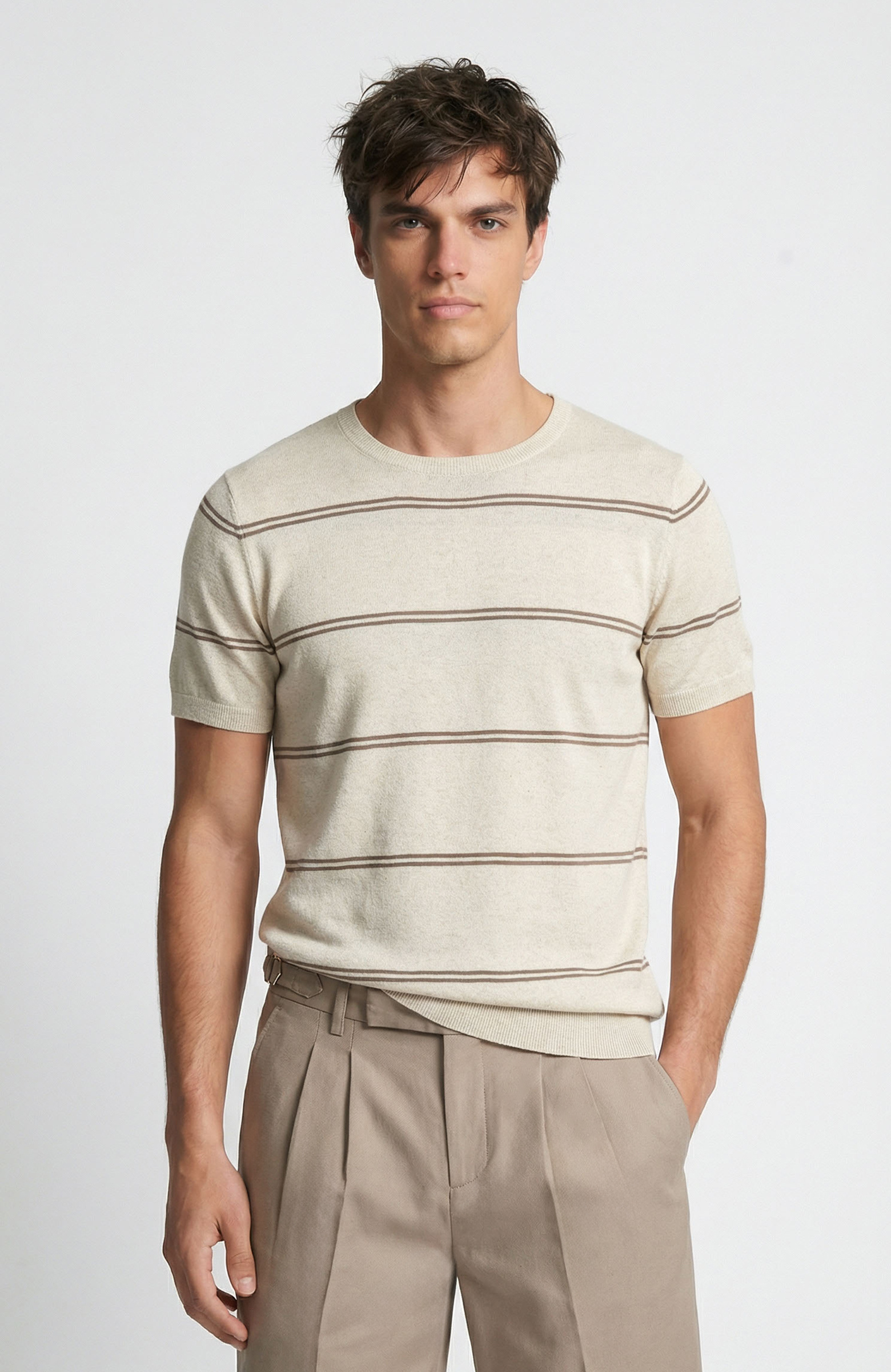 Bej Çizgili Keten Karışımlı Triko Kazak