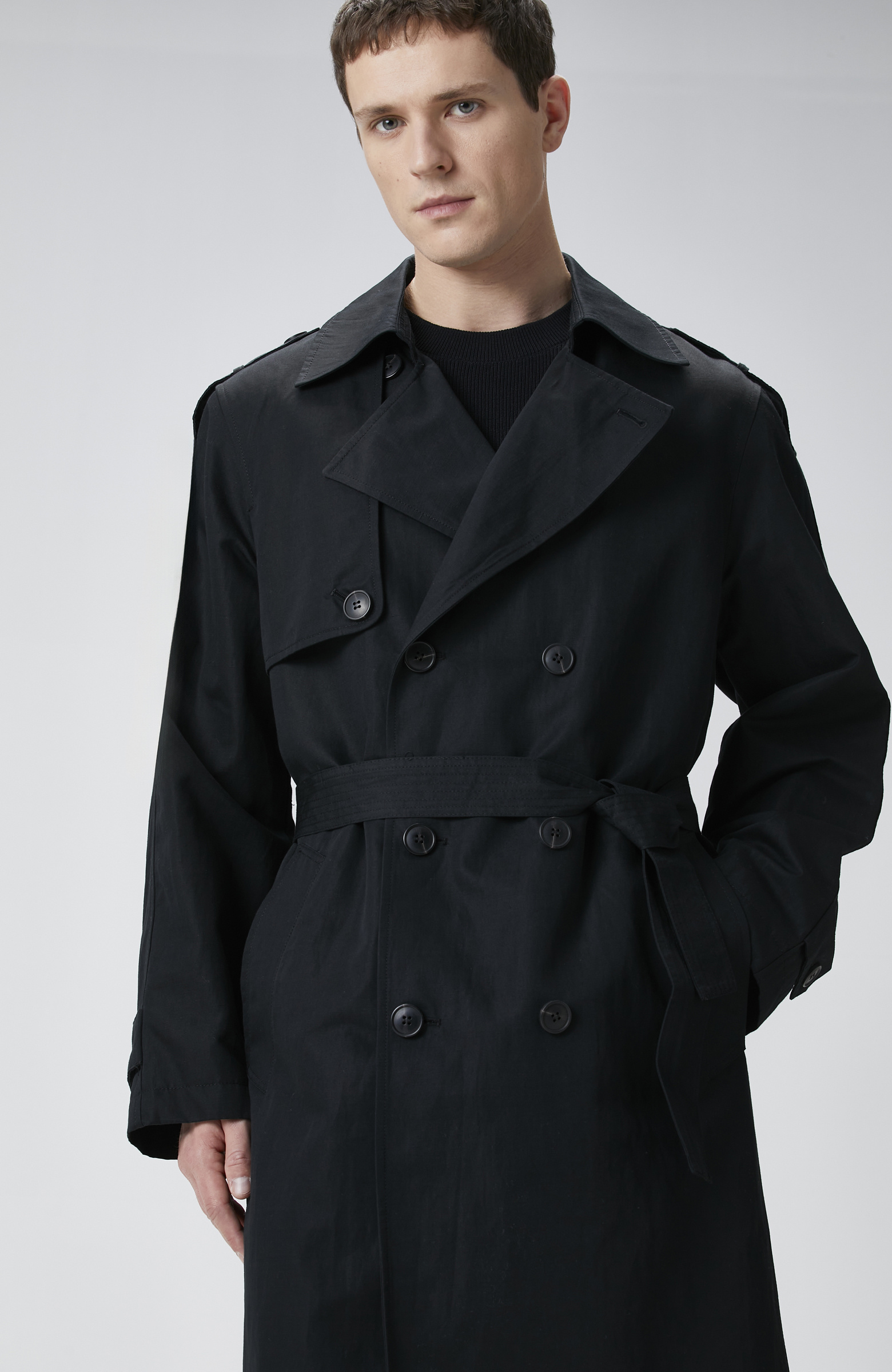 Siyah Keten Karışımlı Pardösü