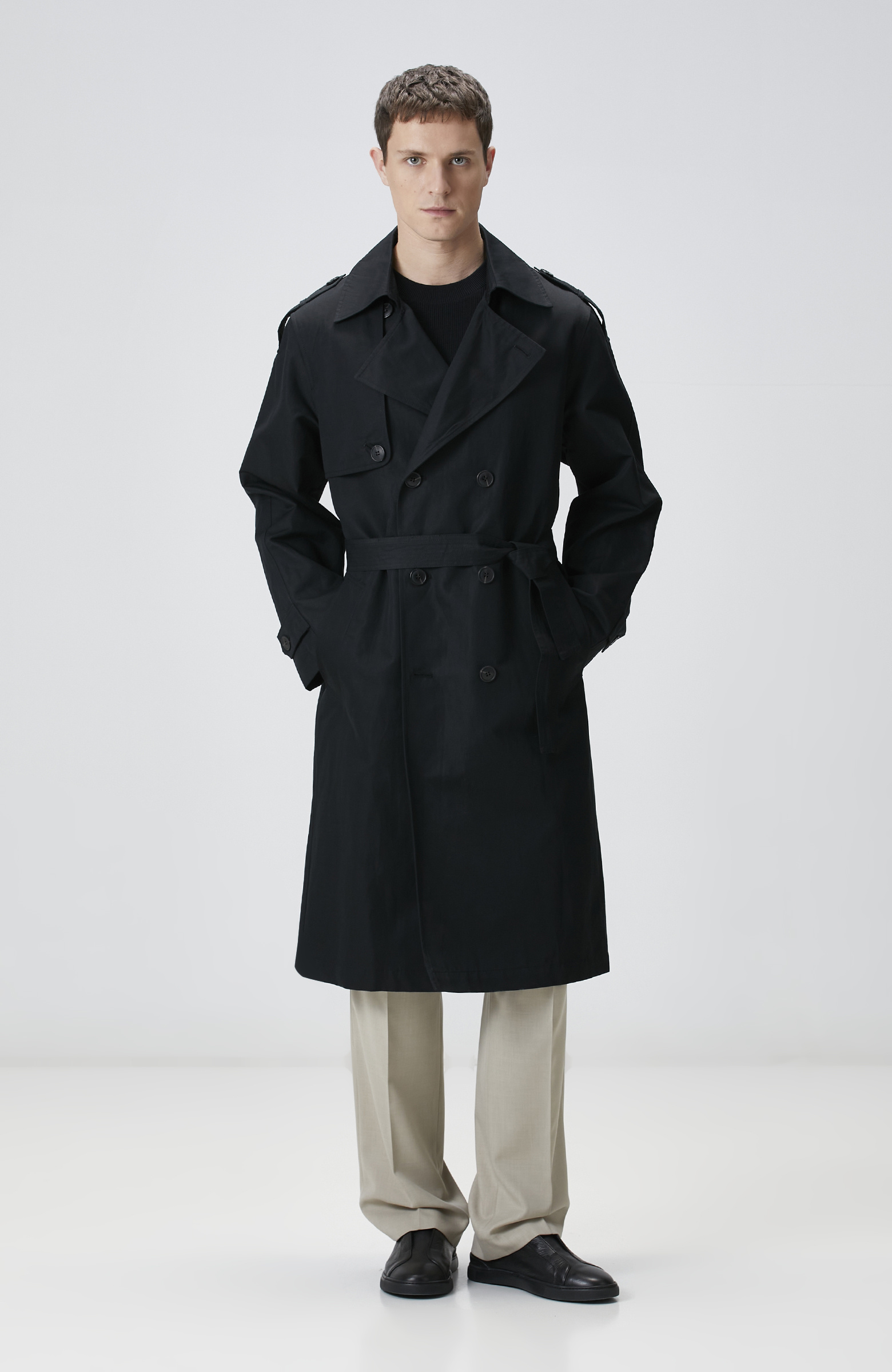 Siyah Keten Karışımlı Pardösü