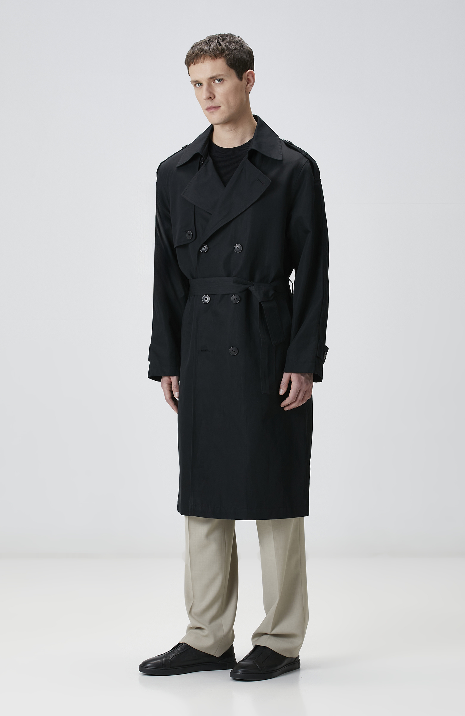 Siyah Keten Karışımlı Pardösü