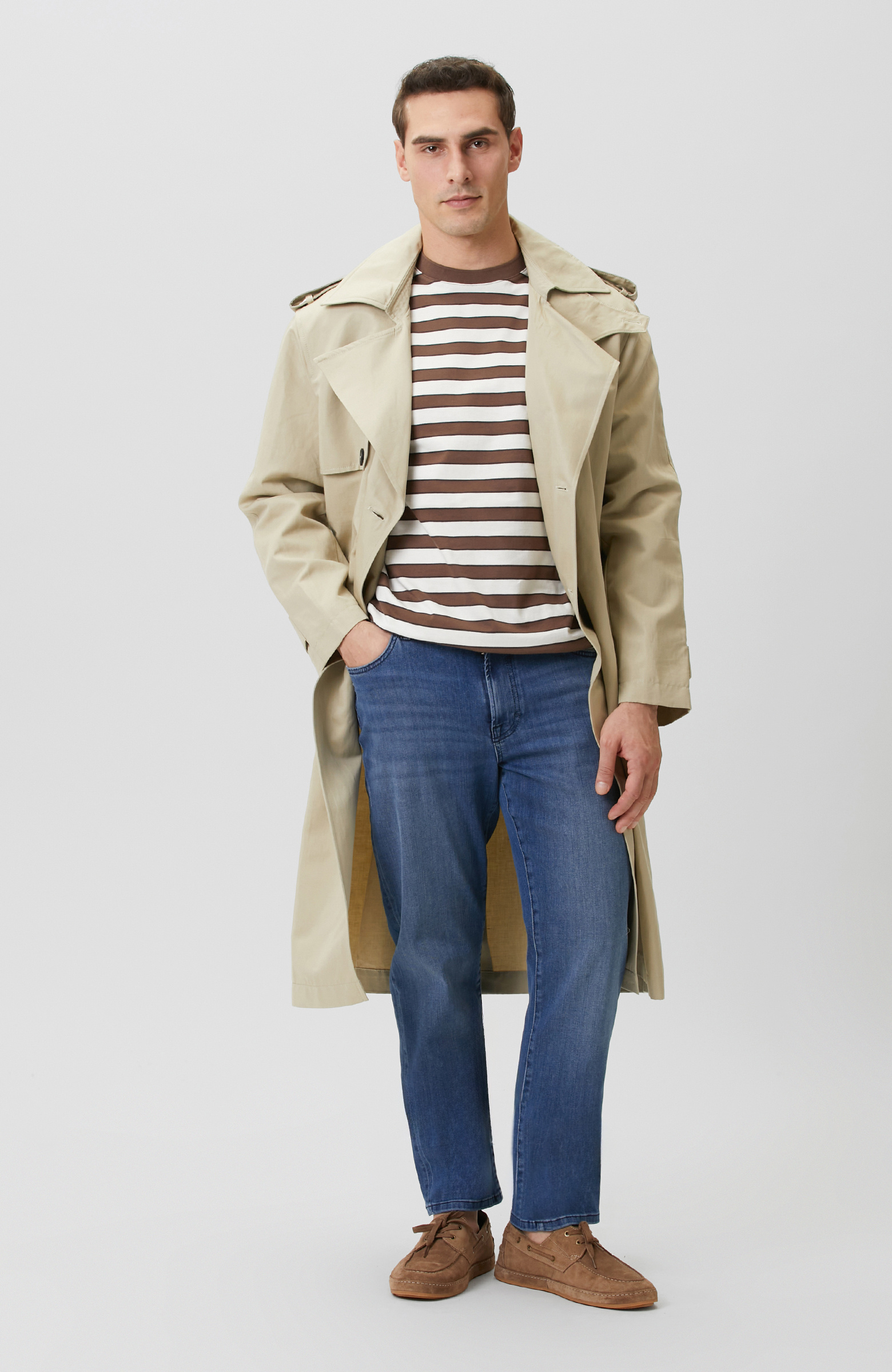 Bej Kruvaze Kemerli Keten Karışımlı Pardösü