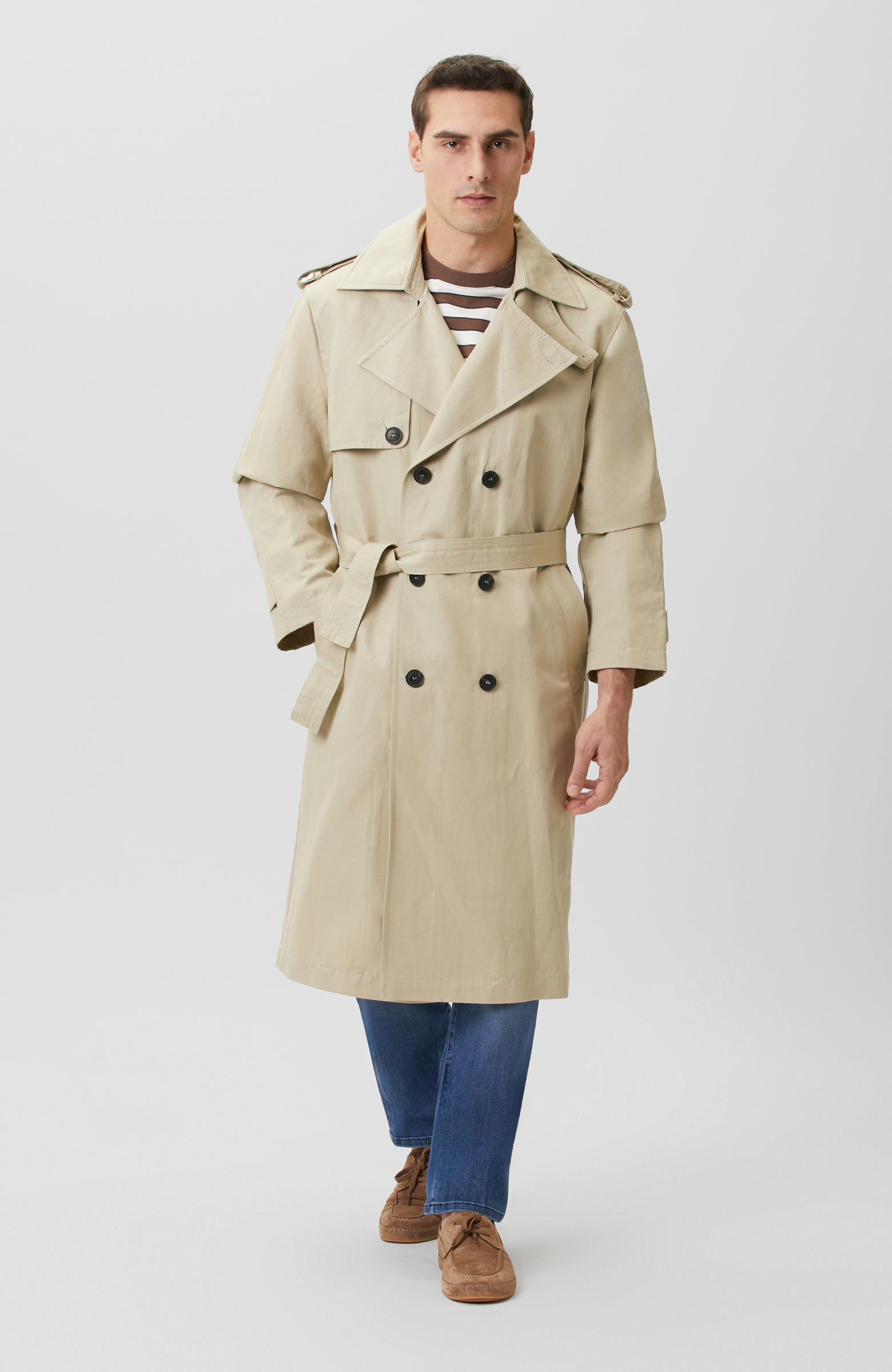 Bej Kruvaze Kemerli Keten Karışımlı Pardösü