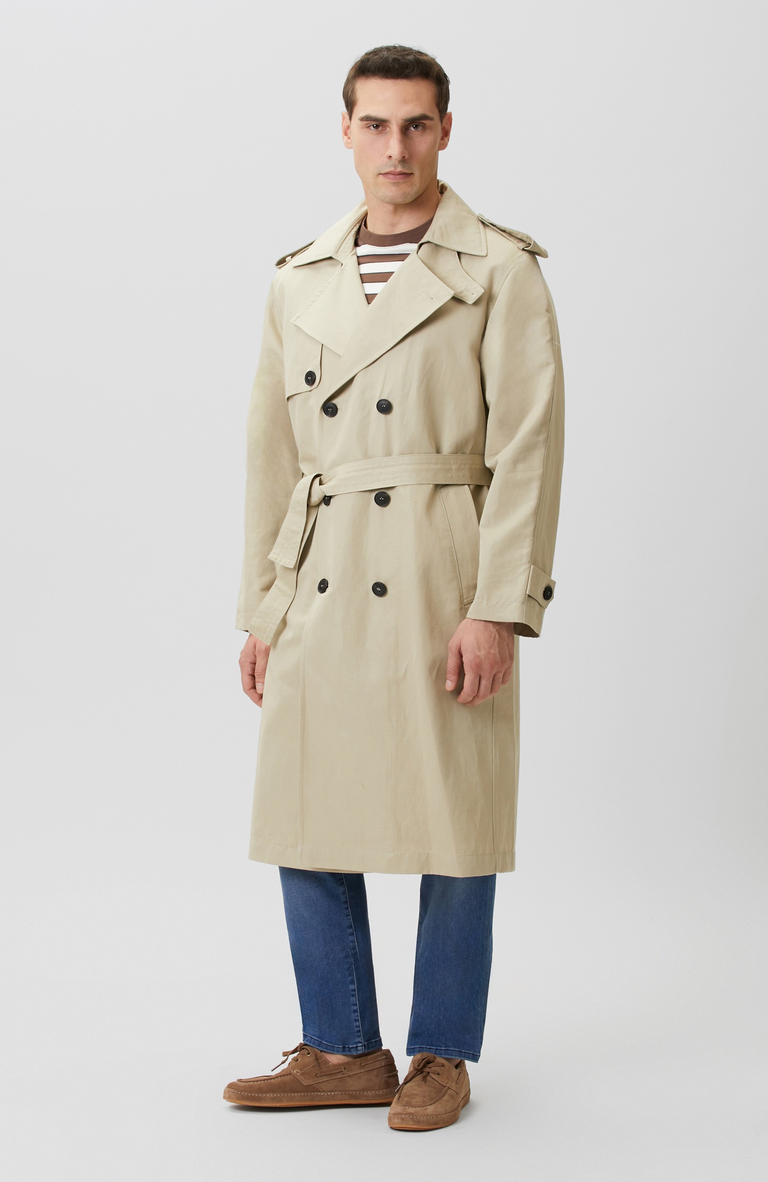 Bej Kruvaze Kemerli Keten Karışımlı Pardösü