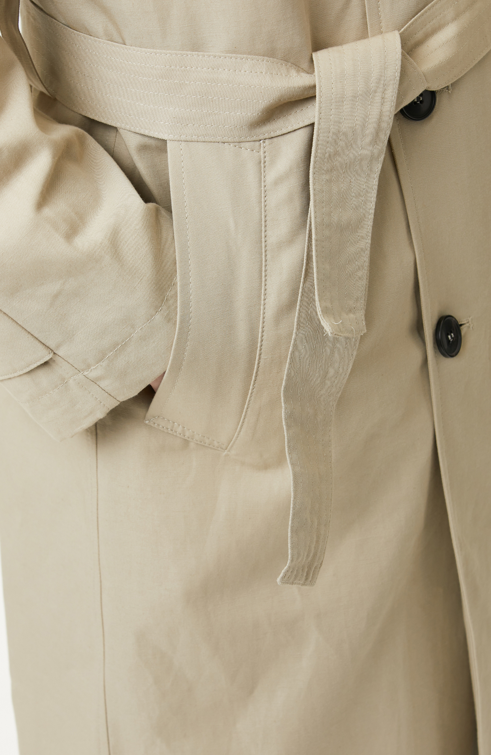 Bej Kruvaze Kemerli Keten Karışımlı Pardösü