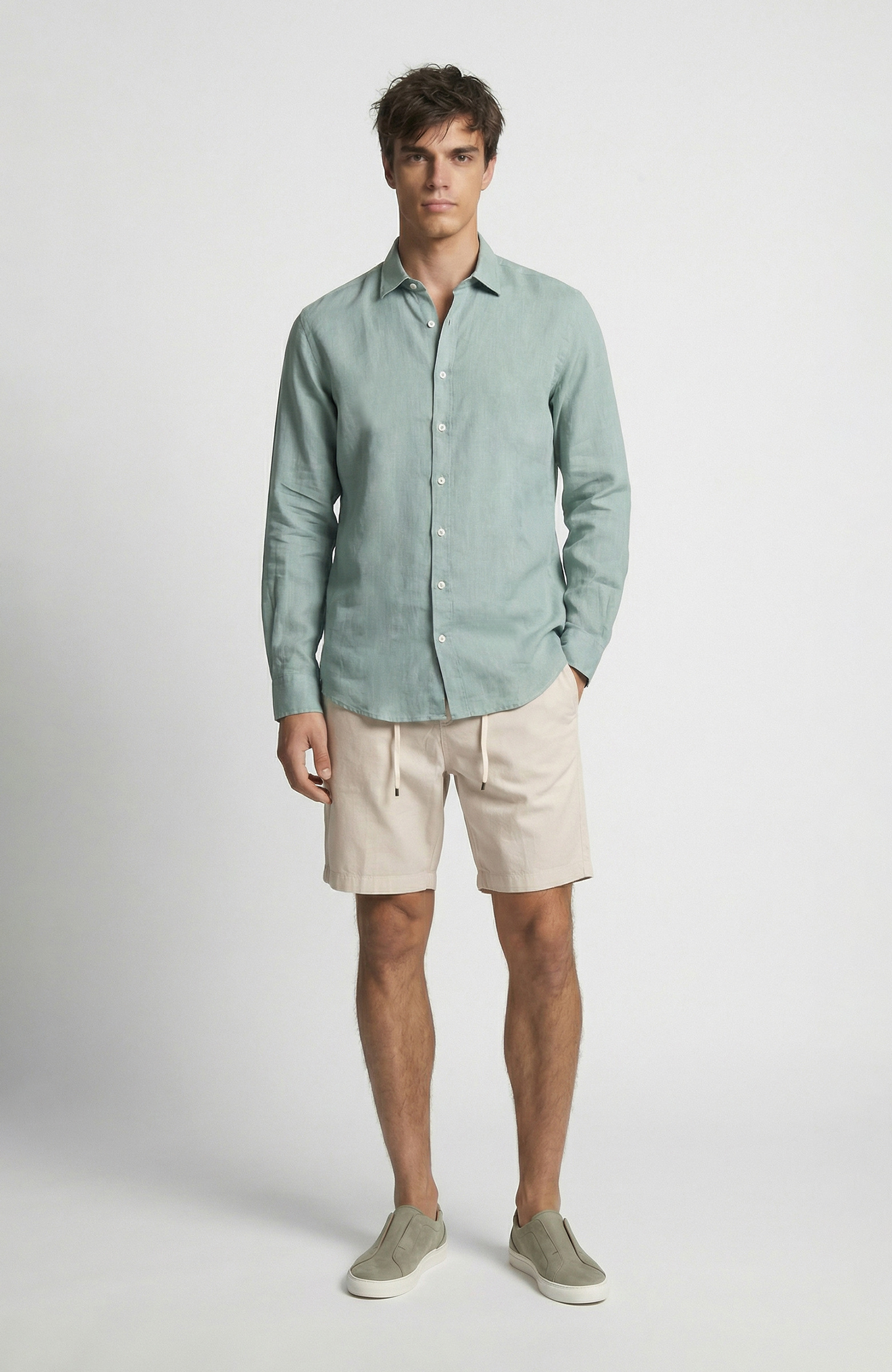 Mint Çizgili Keten Gömlek