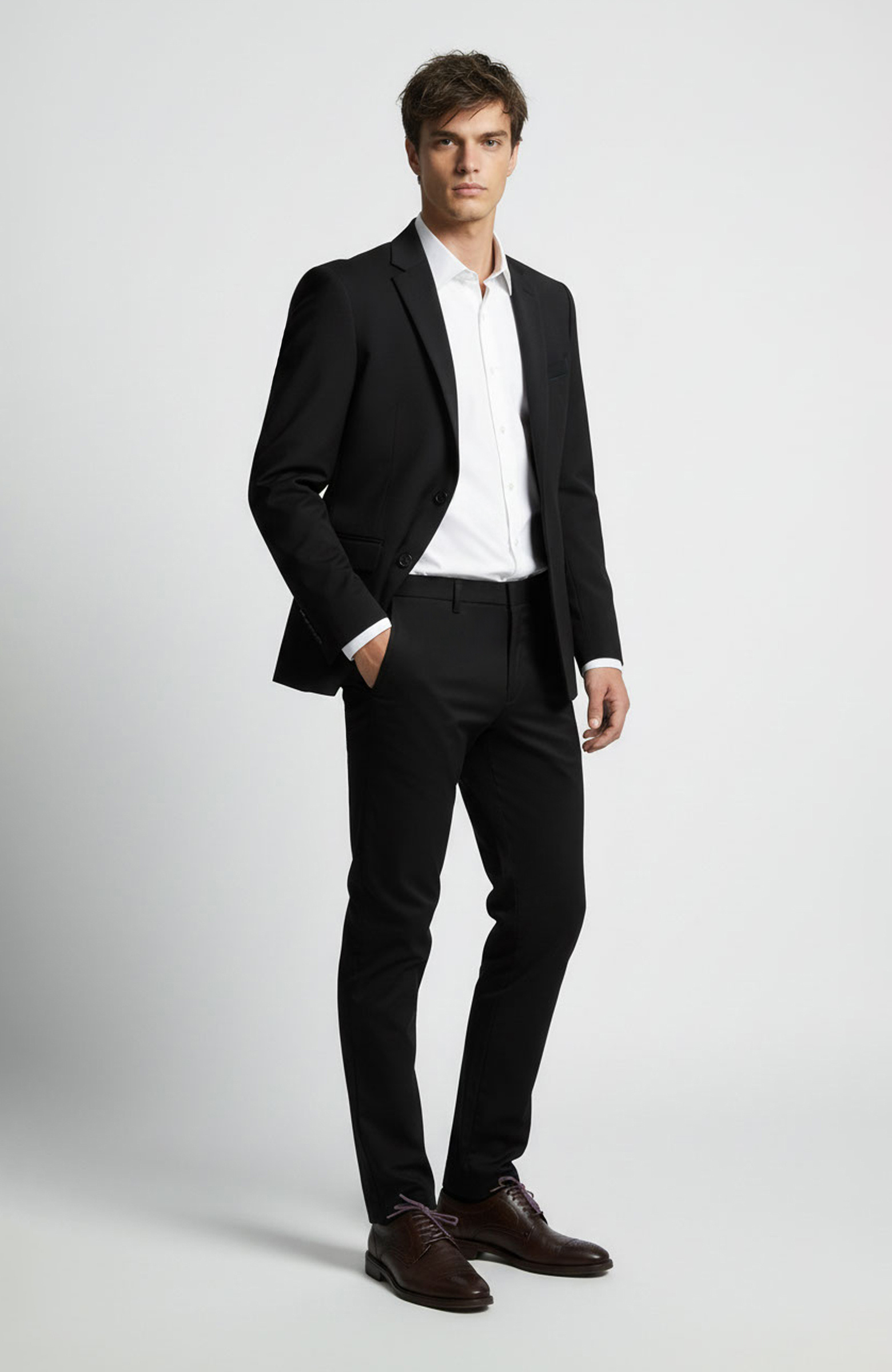 Slim Fit Siyah Mono Yaka Yünlü Takım Elbise