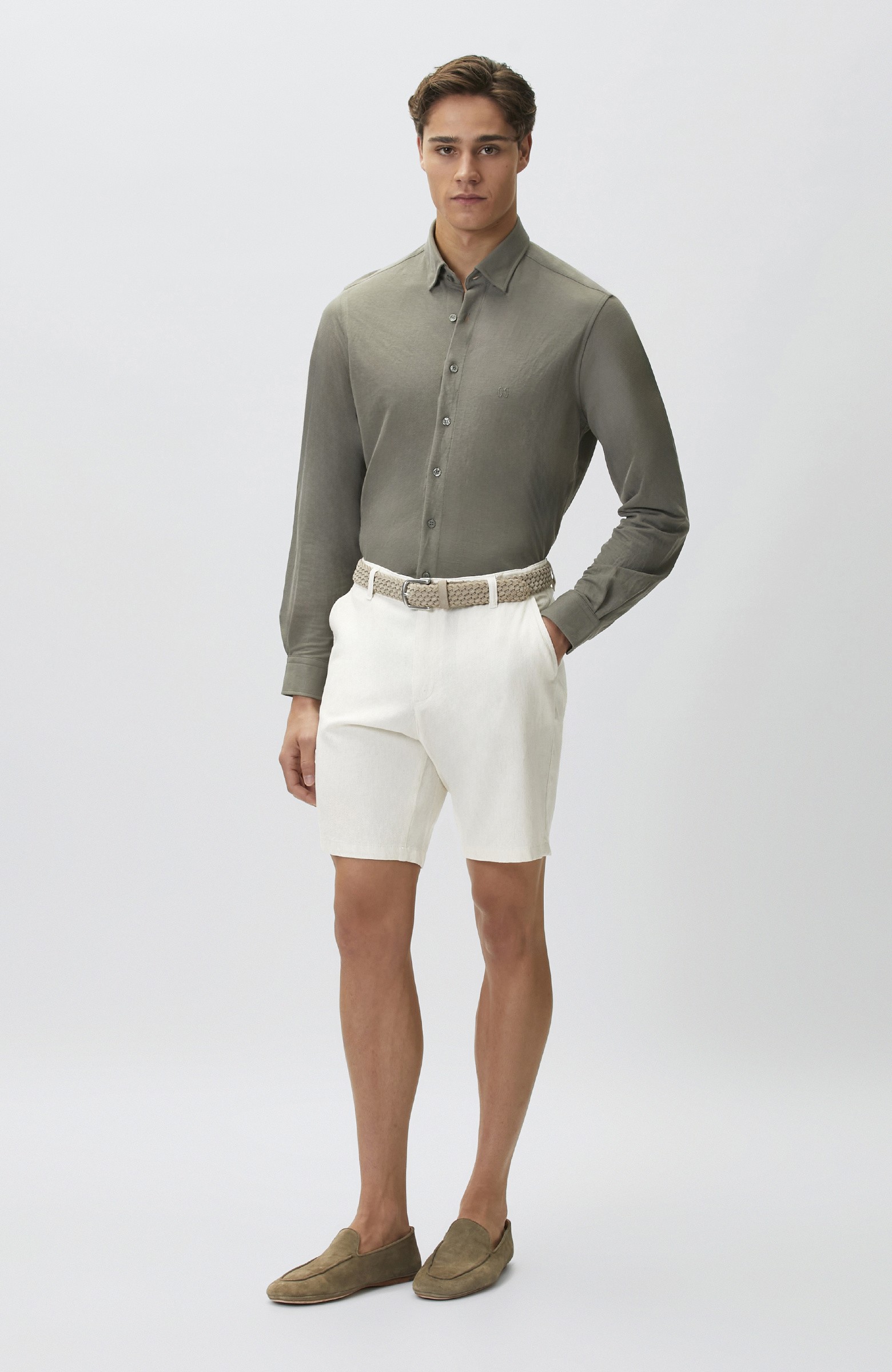 Krem Slim Fit Pamuk Keten Şort