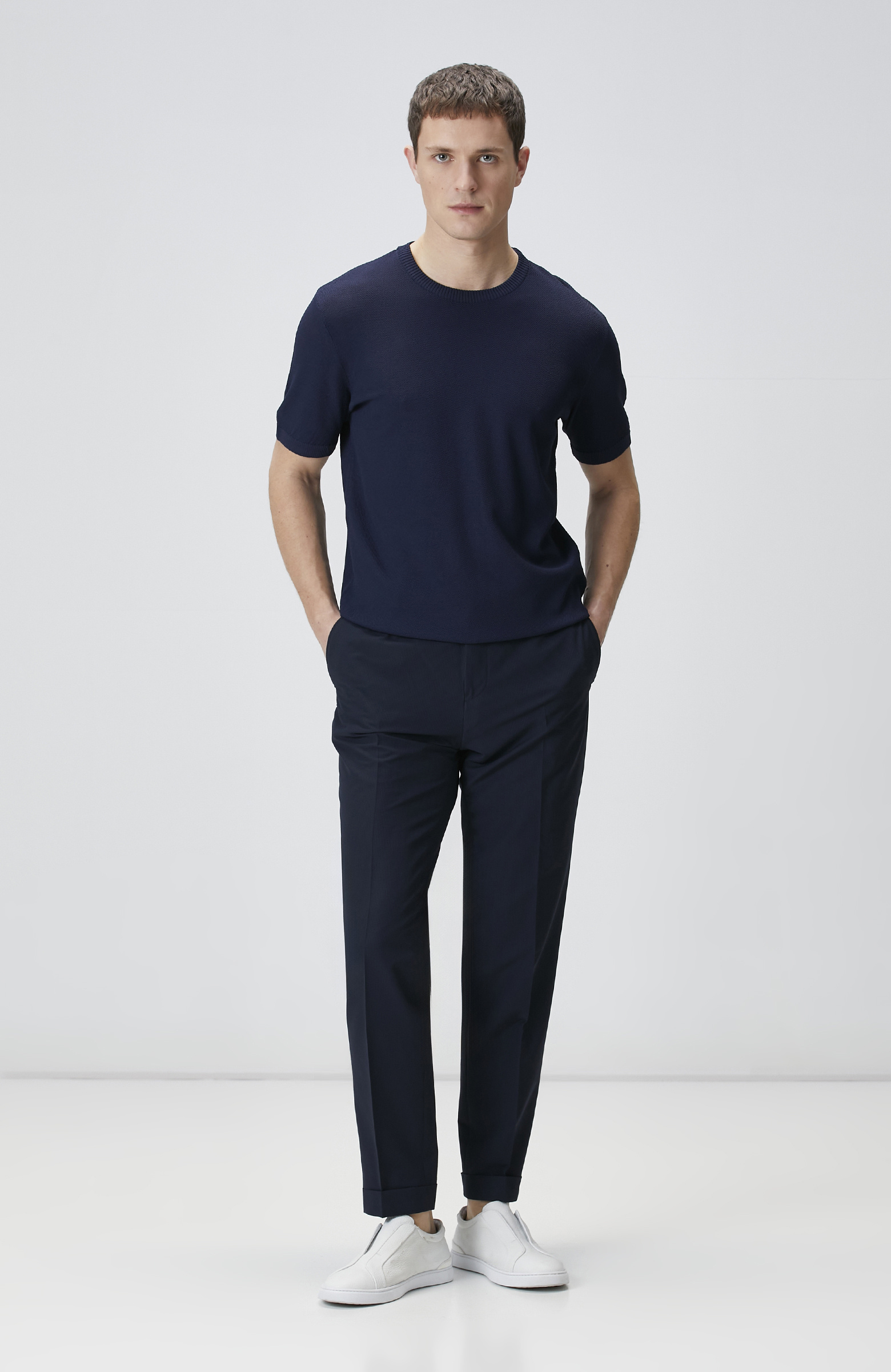 Lacivert Balıksırtı Desenli Triko Kazak