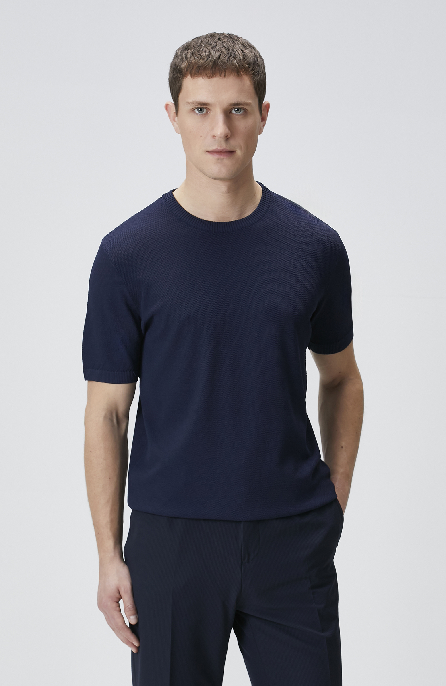 Lacivert Balıksırtı Desenli Triko Kazak