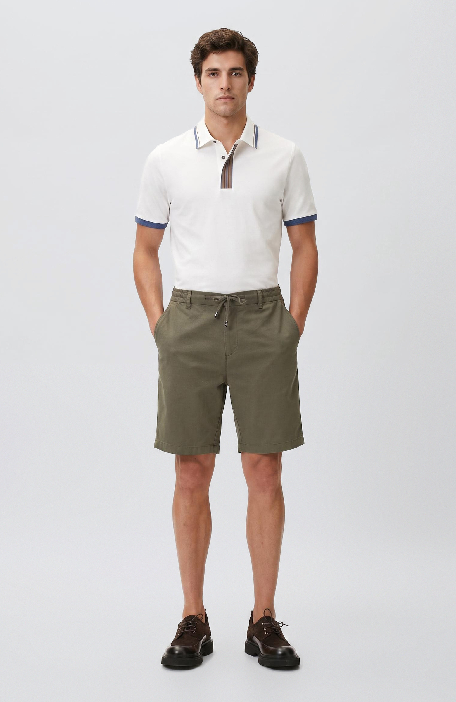 Slim Fit Haki Keten Karışımlı Dokuma Şort