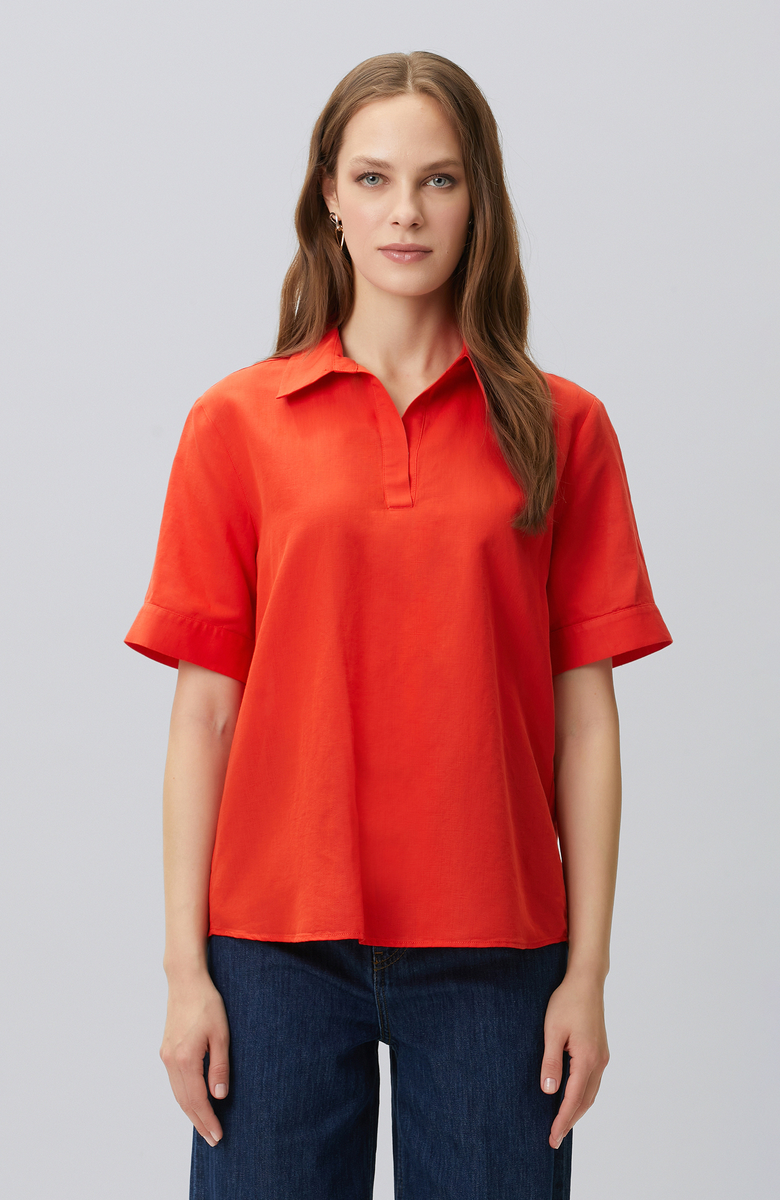 Red Linen Blend Blouse