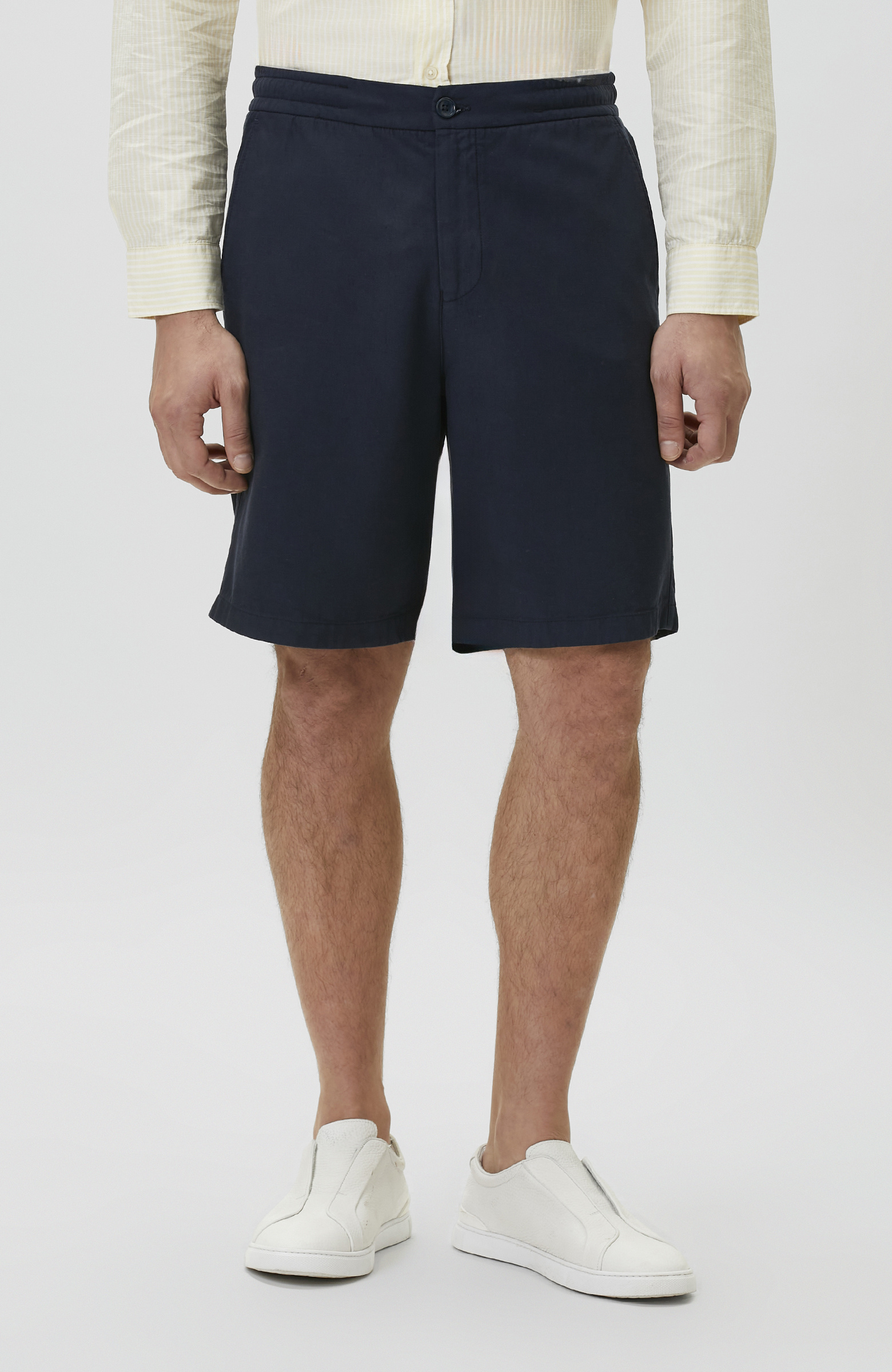 Lacivert Keten Karışımlı Beli Tokalı Şort