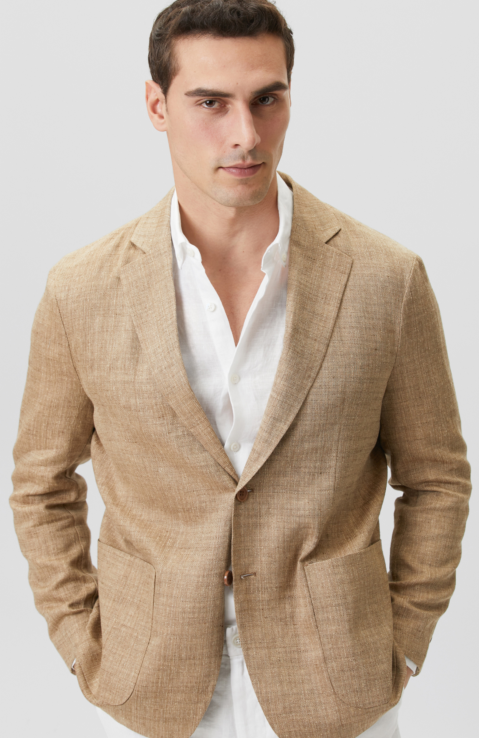 Limited Bej Balıksırtı Keten Karışımlı Ceket