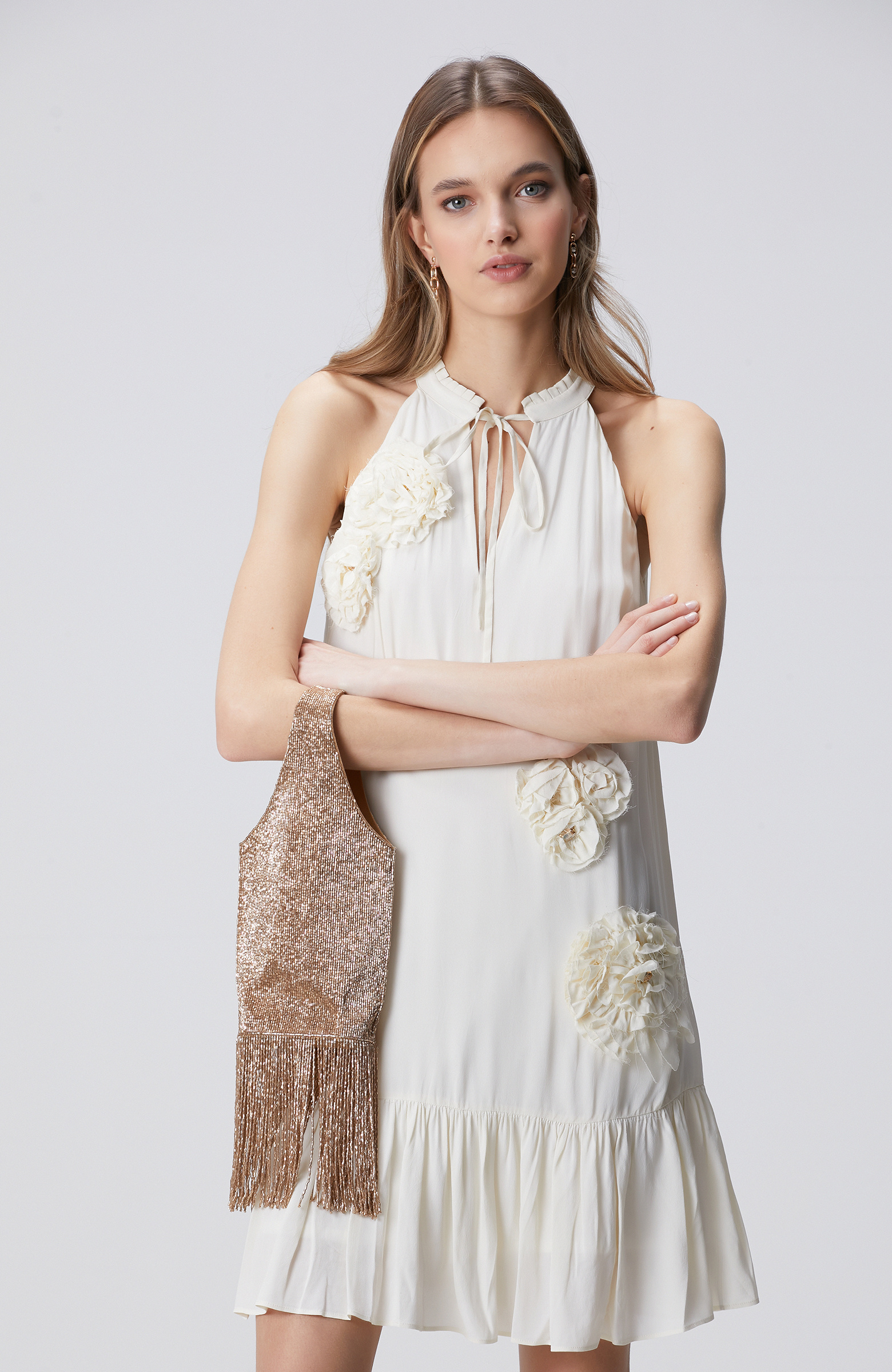 Bronz Boncuk İşlemeli Kadın Clutch