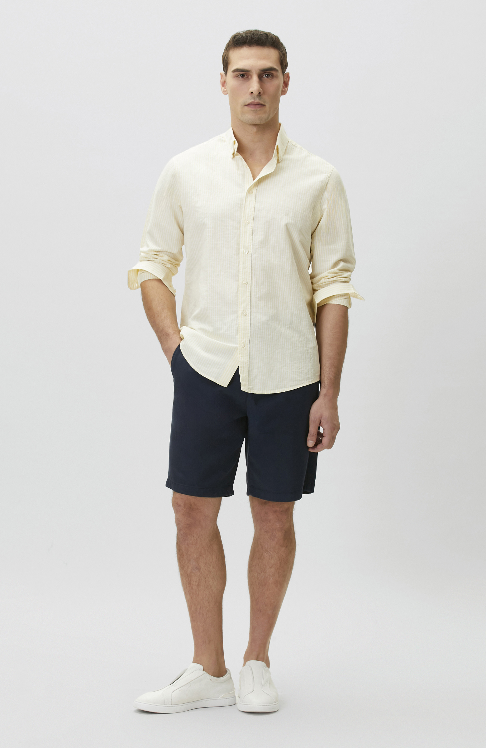 Sarı Keten Karışımlı Gofreli Çizgili Gömlek